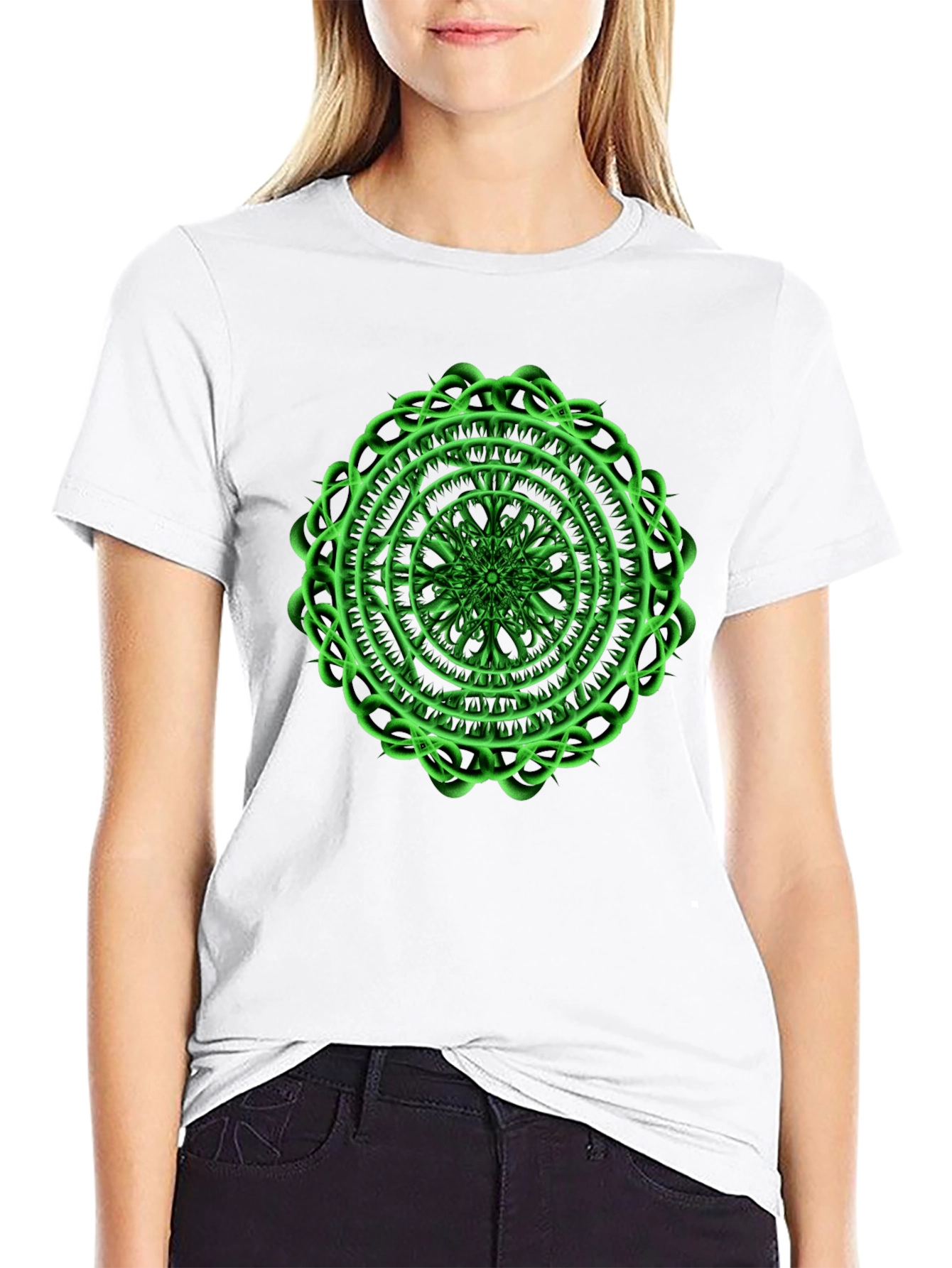 Black Men's Black T-Shirt with Green Mandala Design view 9
