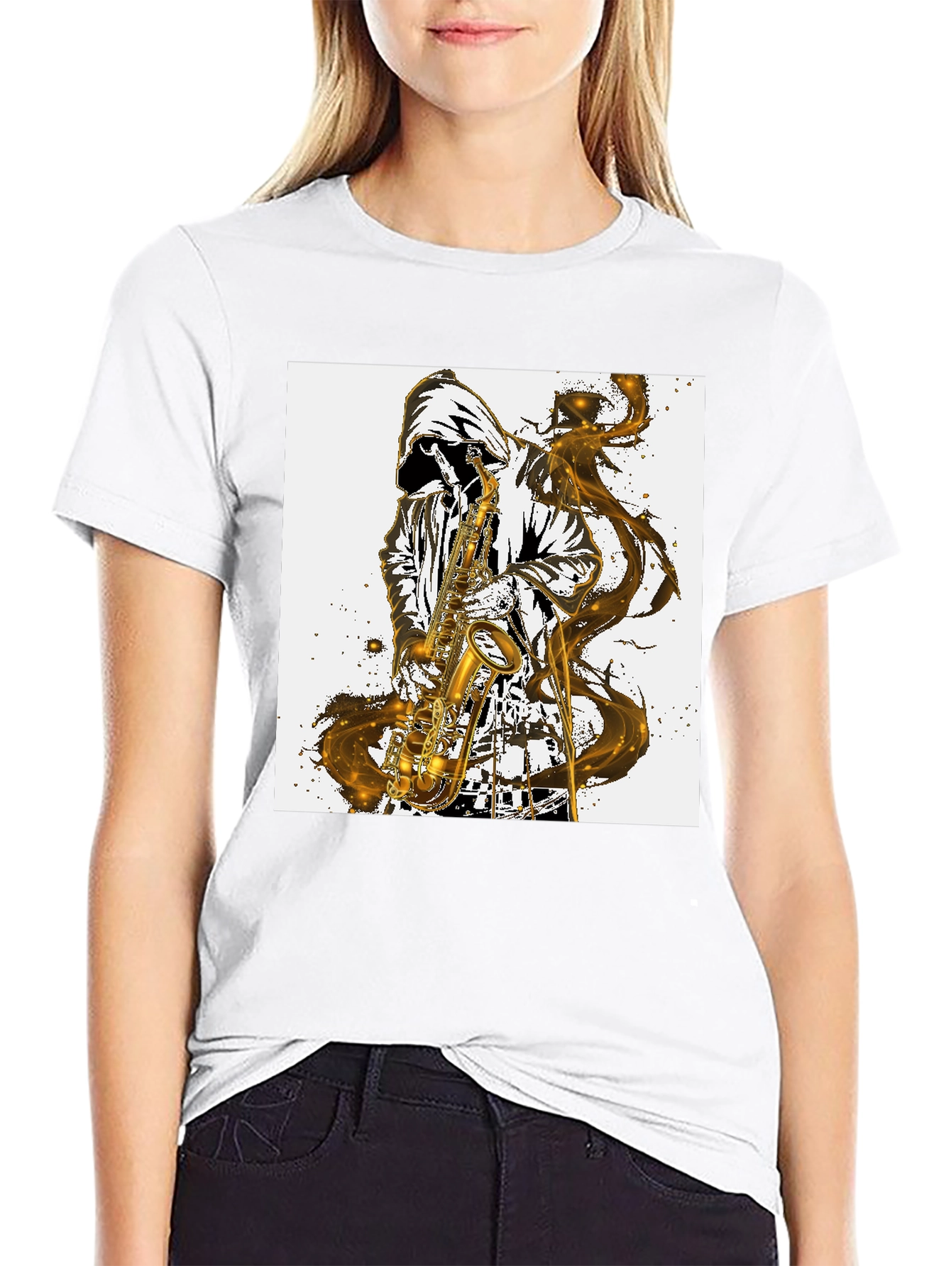 Black Saxophone Player Graphic T-Shirt - Cool Musician Tee view 9