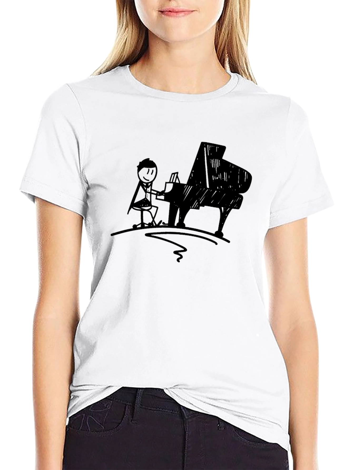 Black Piano Player Graphic Tee - Black Cotton T-Shirt view 9