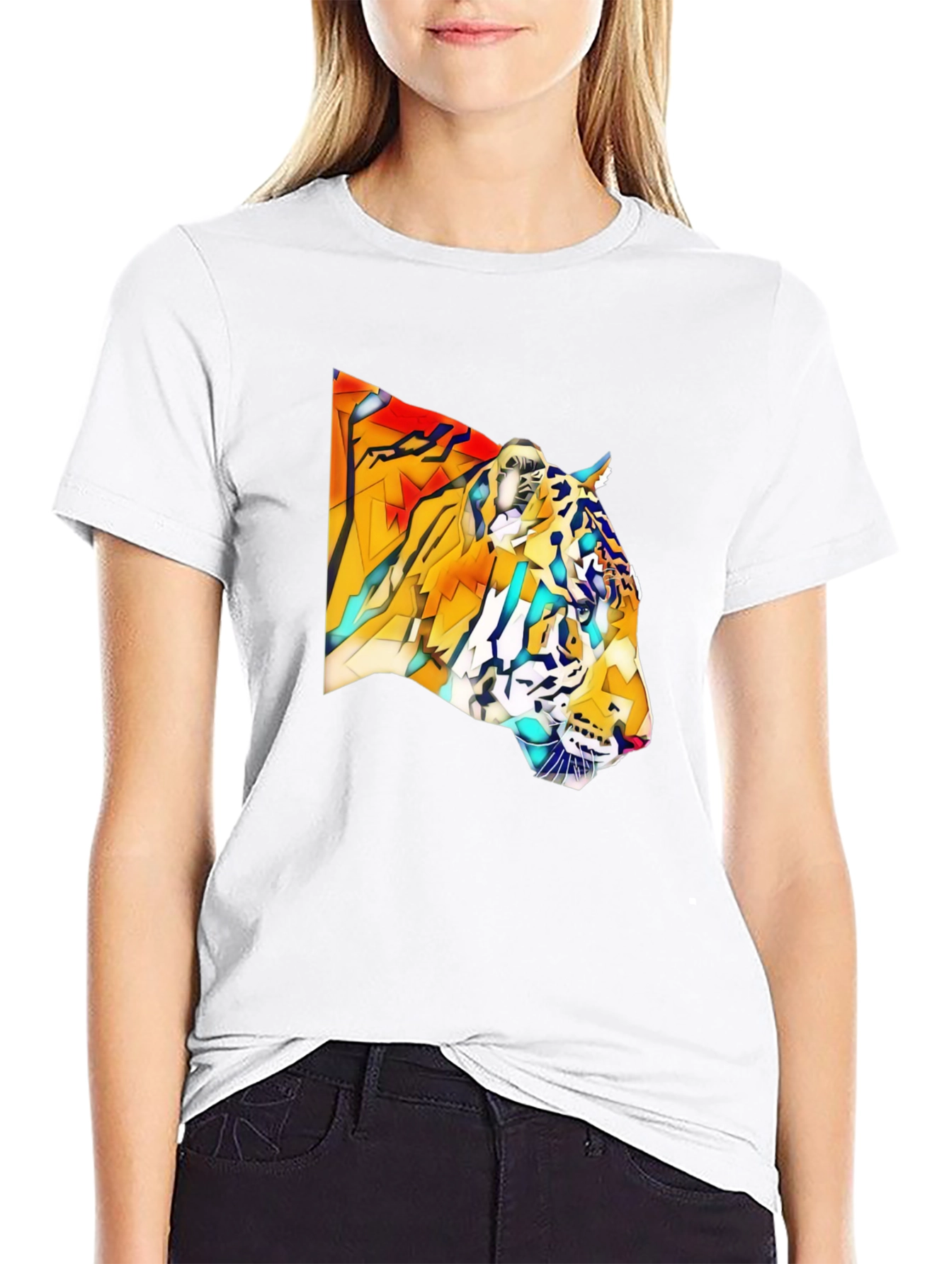 Black Geometric Tiger Graphic Black T-Shirt view 9