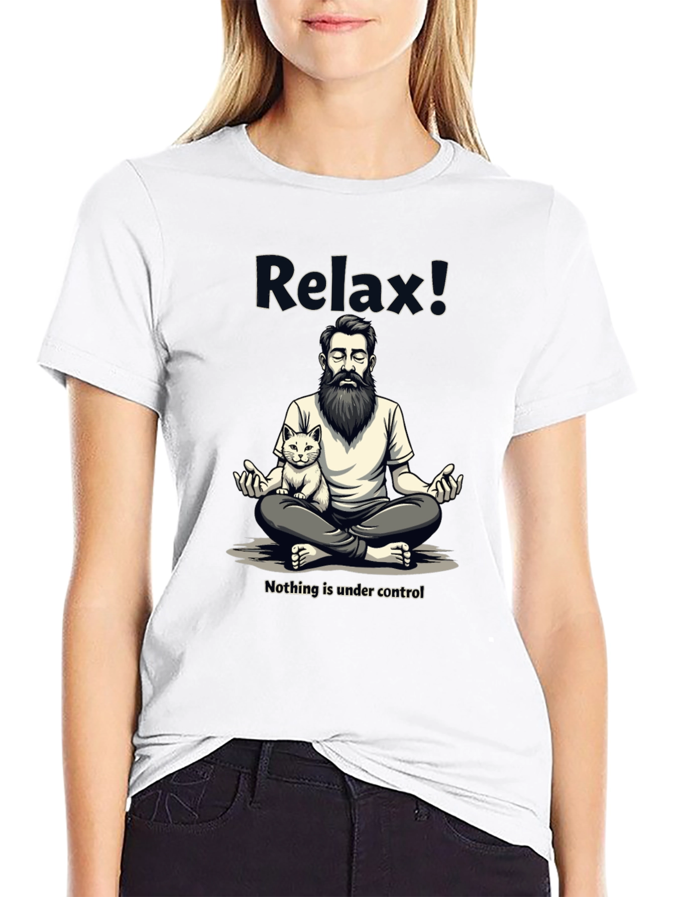 Black Relax! Meditation Cat Graphic Tee - Comfy Cotton view 9