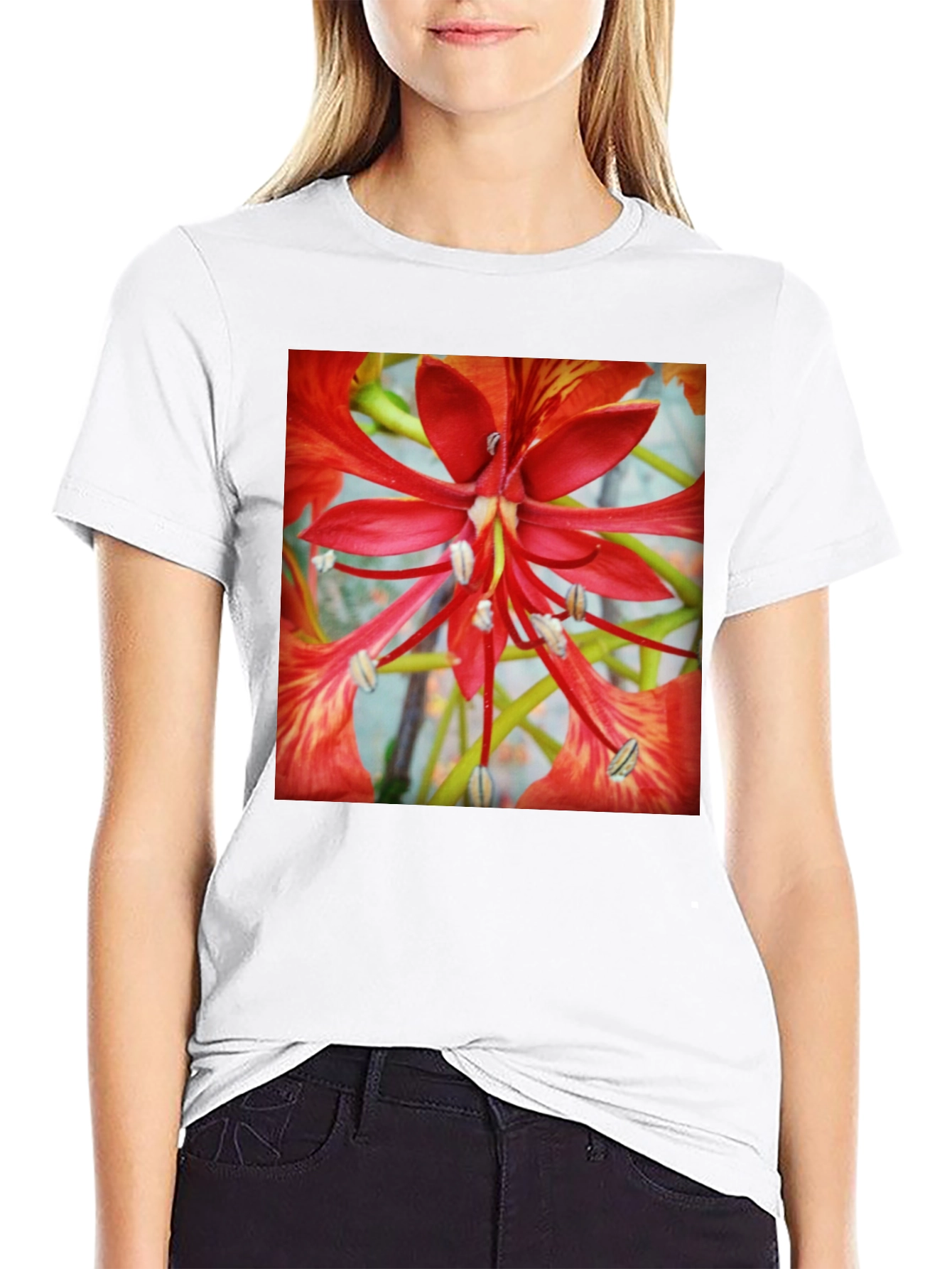 Black Bold Floral T-Shirt - Vivid Red Blossom Design view 9