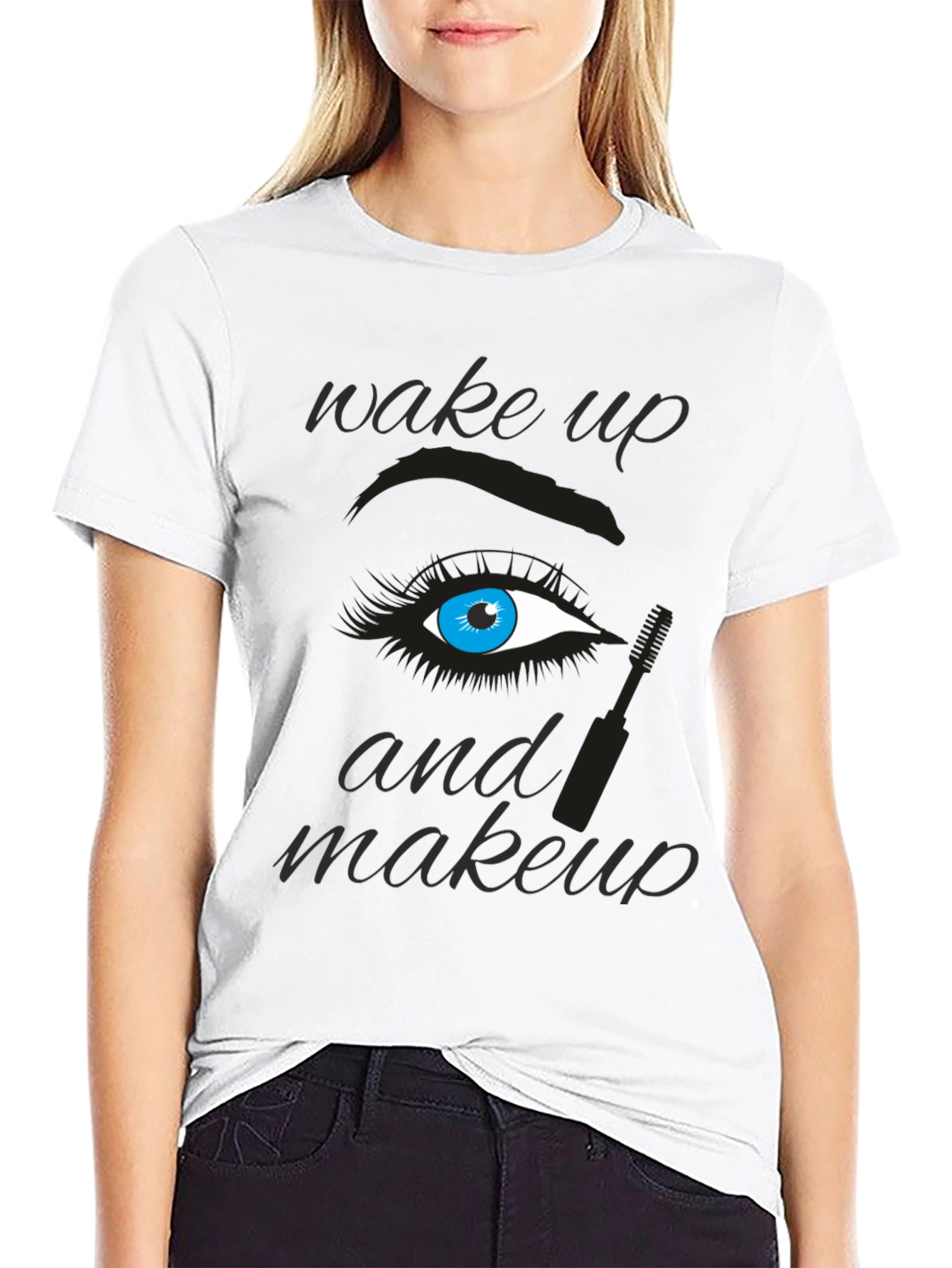 Black Wake Up and Makeup Graphic Tee view 9