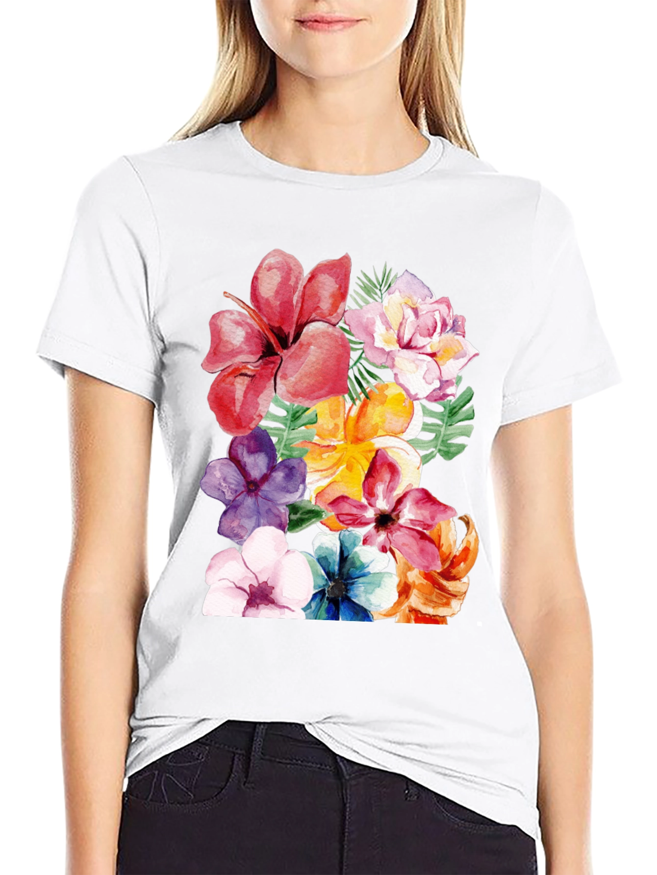 Black Floral Print Black T-Shirt - Tropical Flower Design view 9