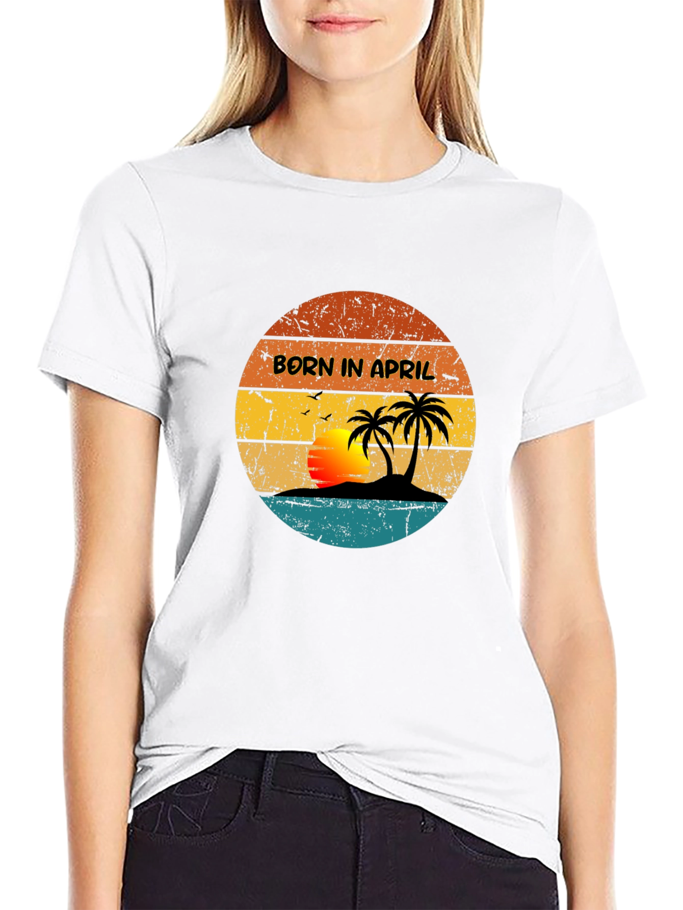 Black Born In April Retro Sunset Graphic T-Shirt view 9
