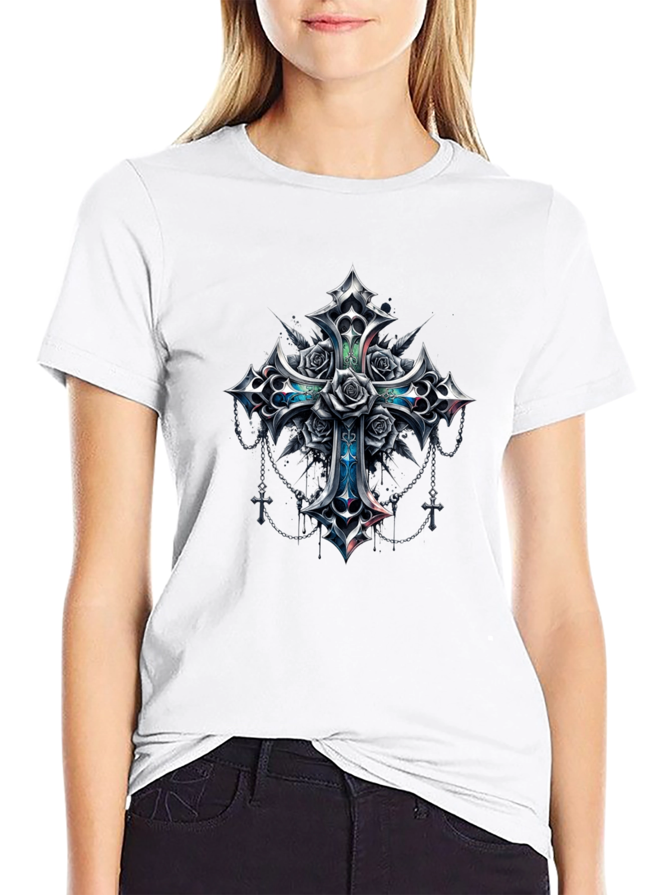 Black Gothic Rose Cross Graphic Tee - Black view 9