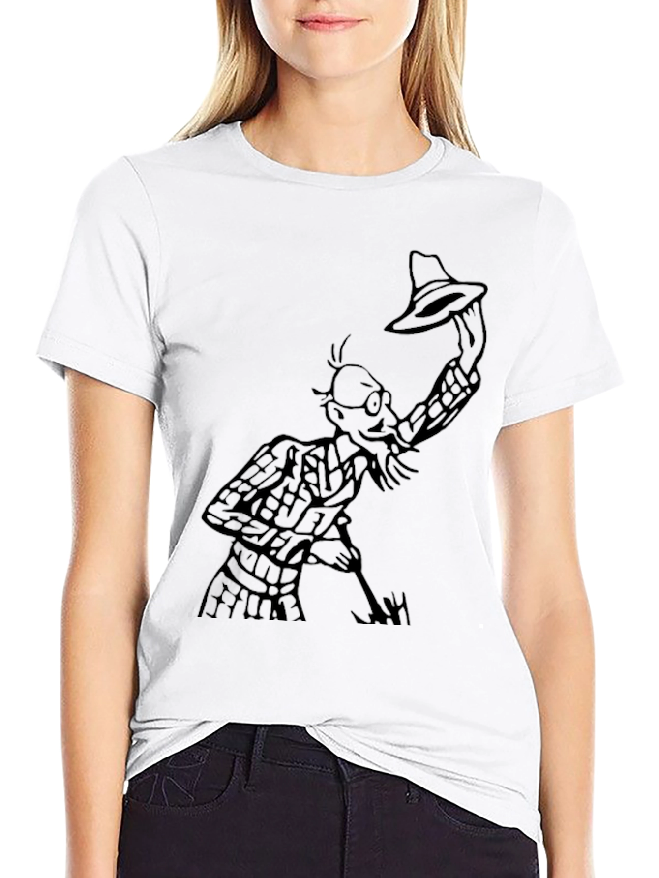 Black Black T-Shirt with Cartoon Man Holding Hat view 9
