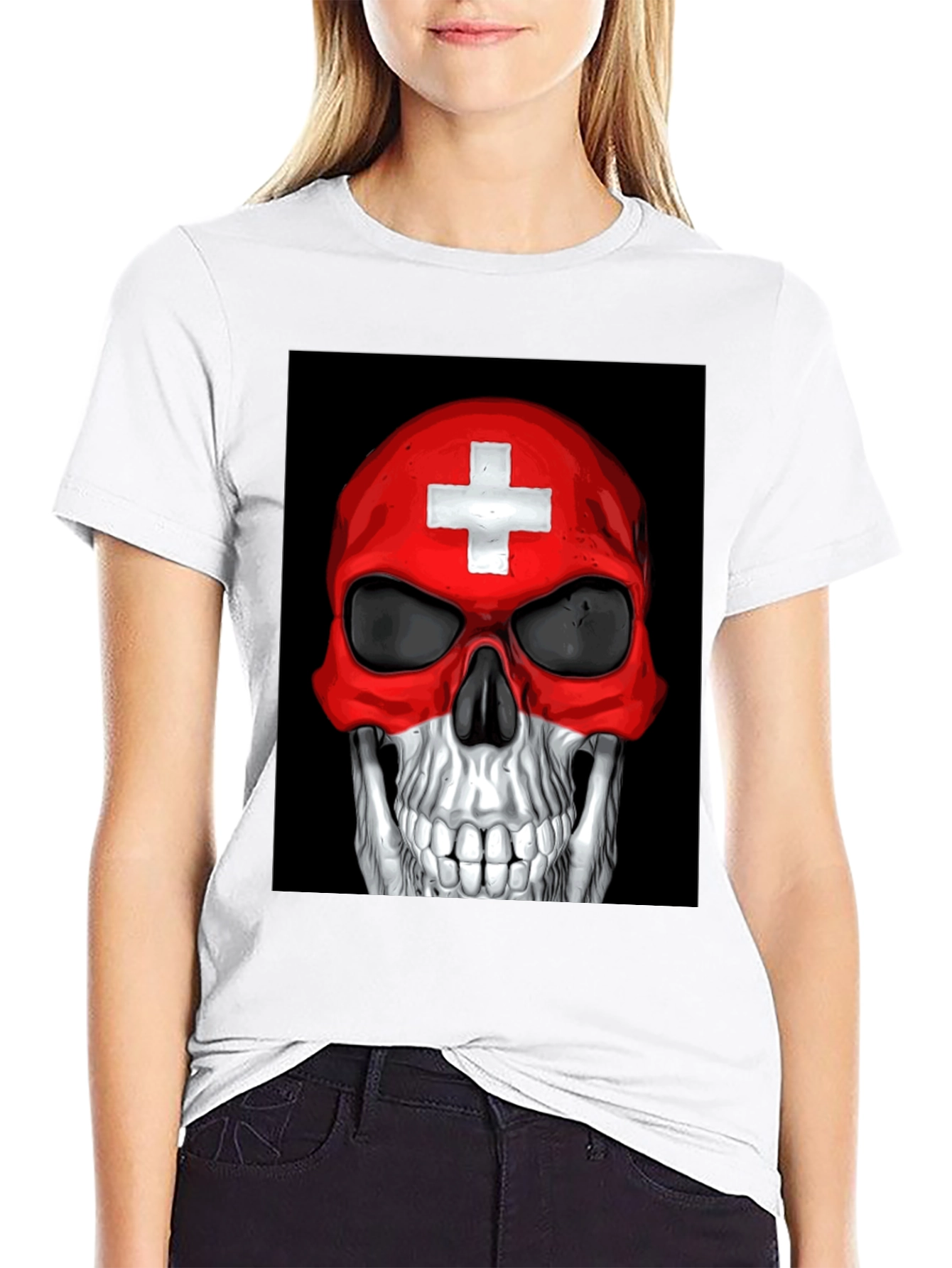 Black Skull Switzerland Flag Graphic Tee - Black Cotton T-Shirt view 9