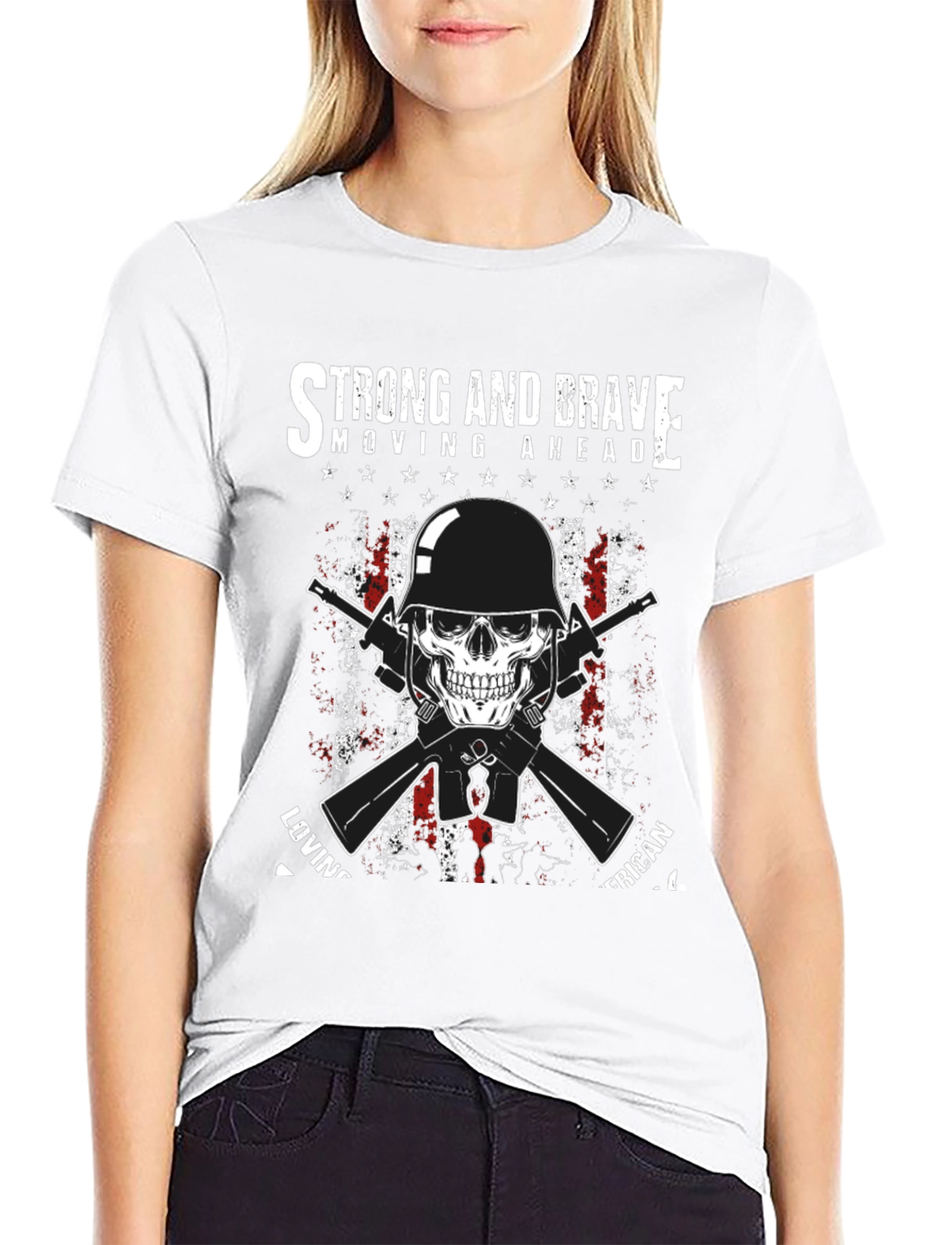 Black Strong & Brave Patriotic Skull Graphic T-Shirt view 9