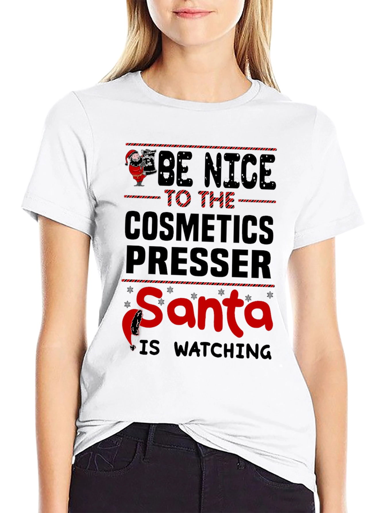 Black Be Nice to Cosmetics Presser T-Shirt - Santa Watching view 9