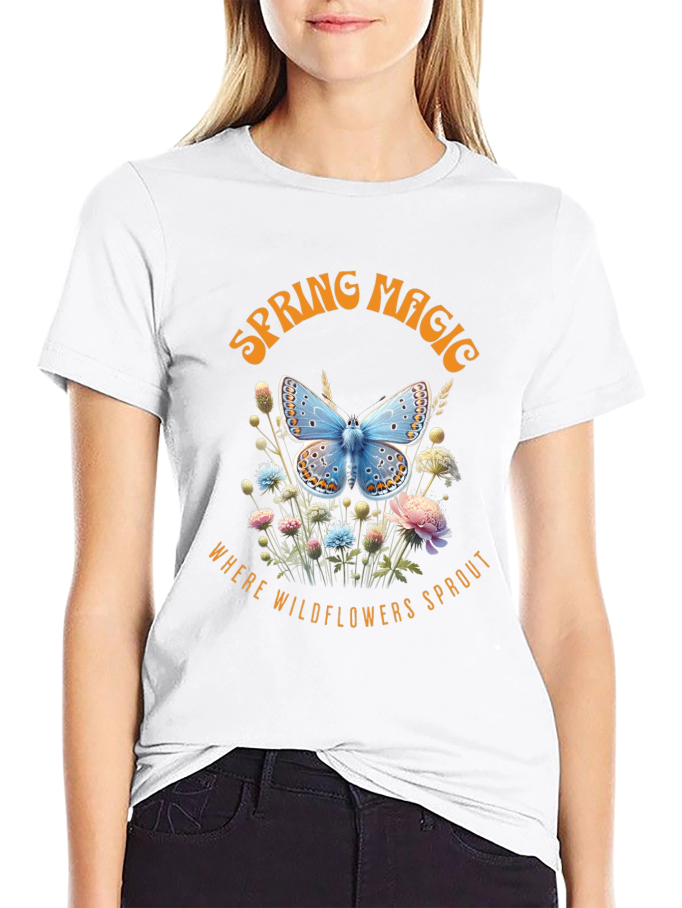 Black Spring Magic Wildflower Butterfly Graphic Tee view 9