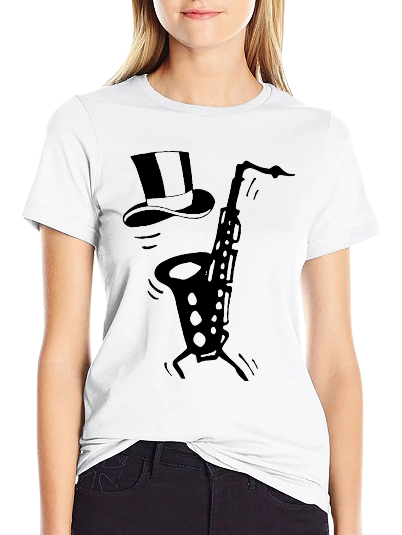 Black Saxophone Top Hat Black Graphic T-Shirt view 9