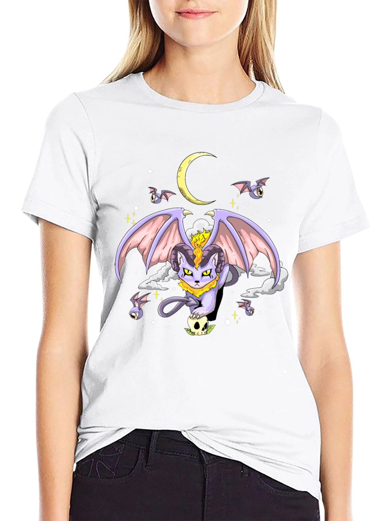 Black Gothic Cat Moon T-Shirt view 9