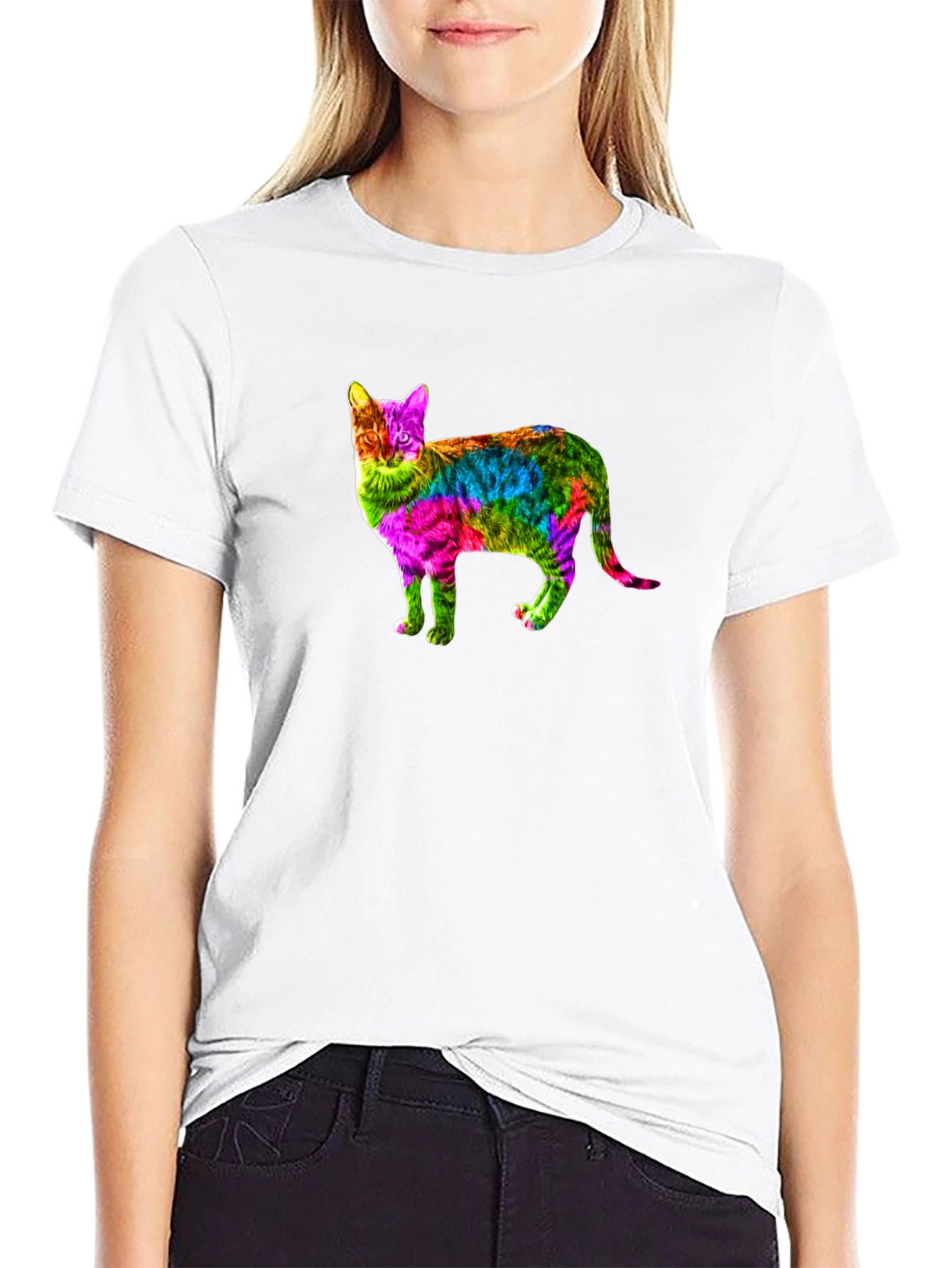 Black Rainbow Cat Graphic Print Black T-Shirt view 9