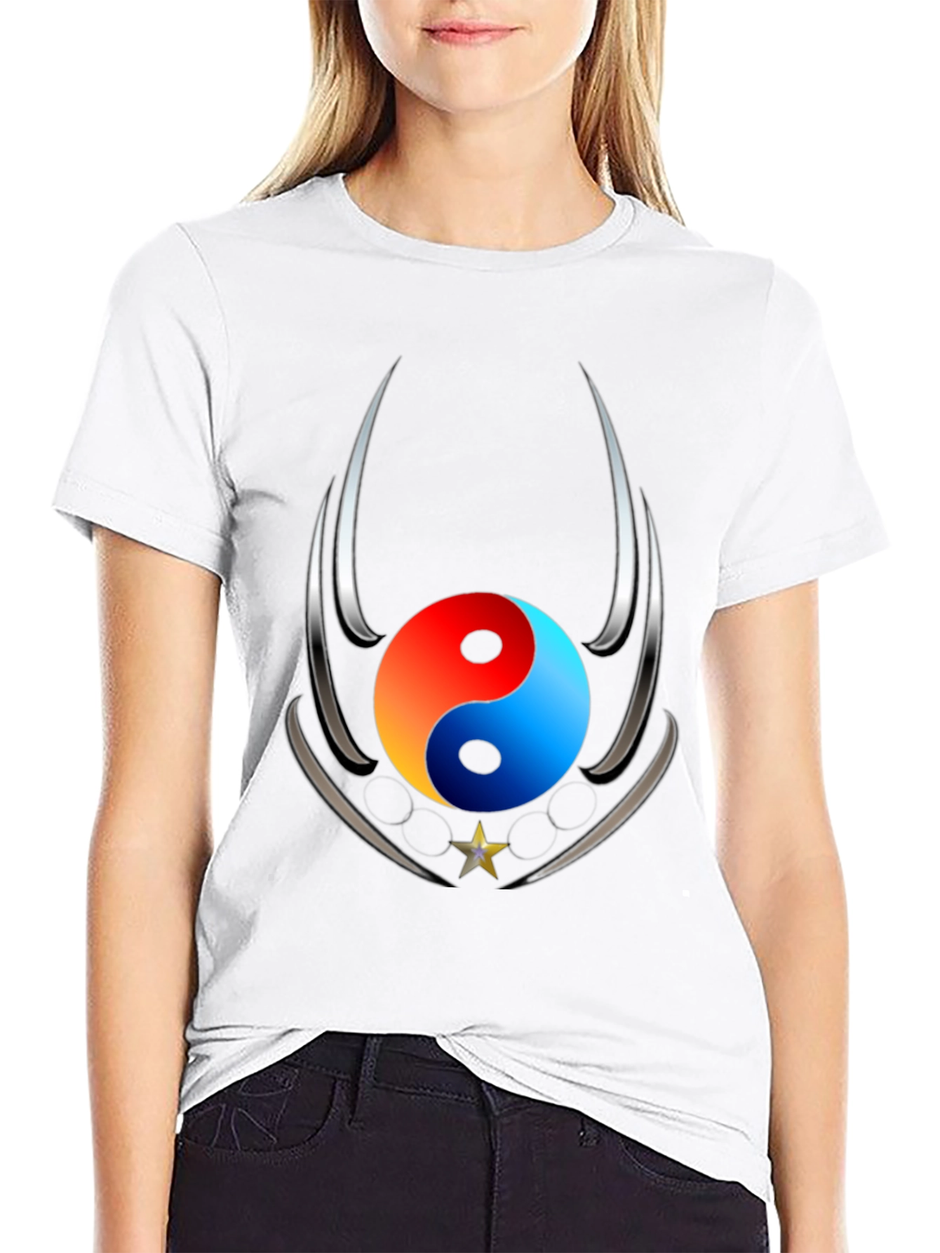 Black Yin Yang Star Graphic Black T-Shirt view 9