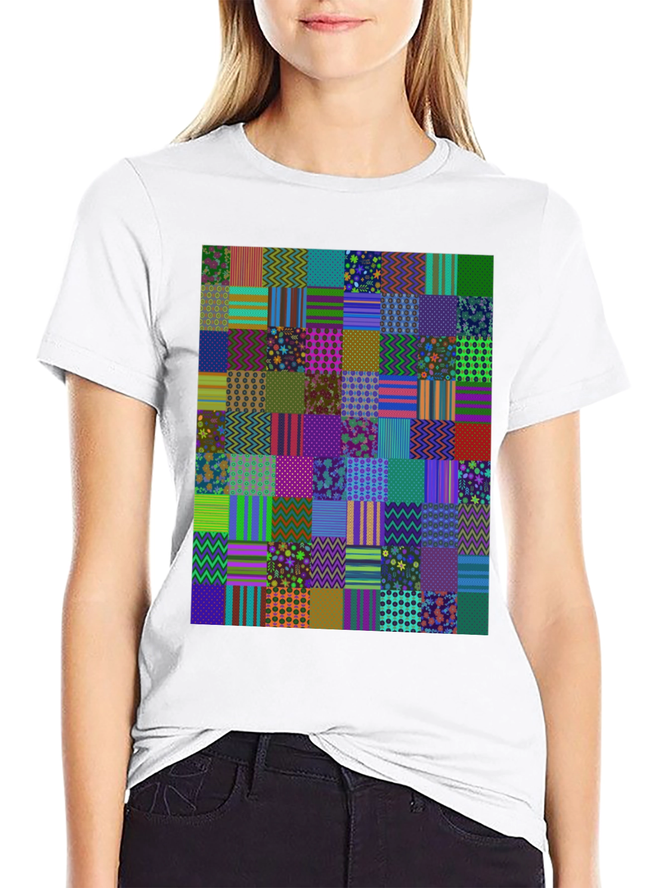 Black Colorful Patchwork Pattern Tee view 9