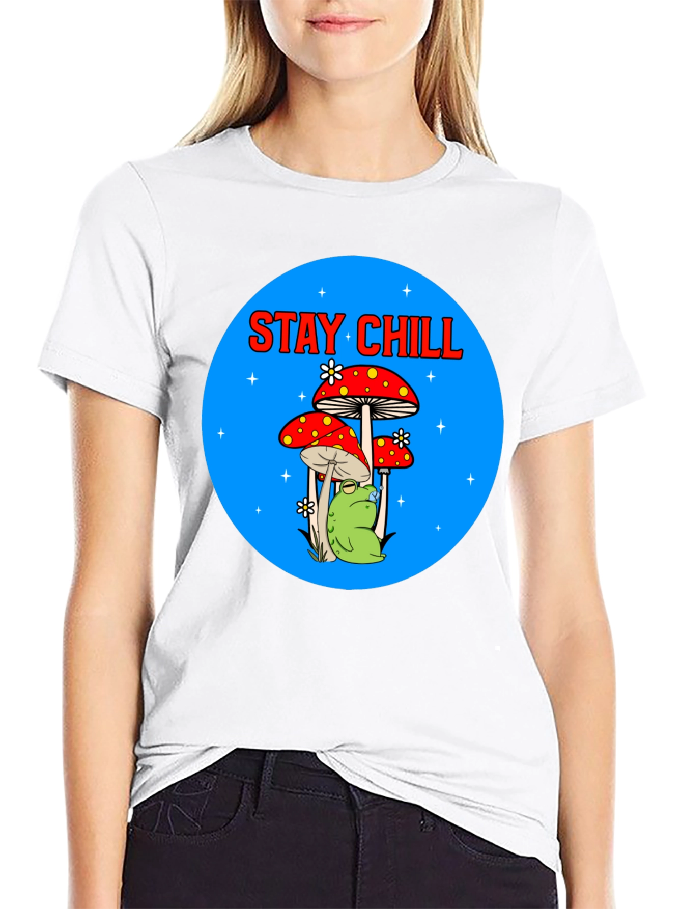 Black Stay Chill Frog Mushroom Graphic Tee view 9