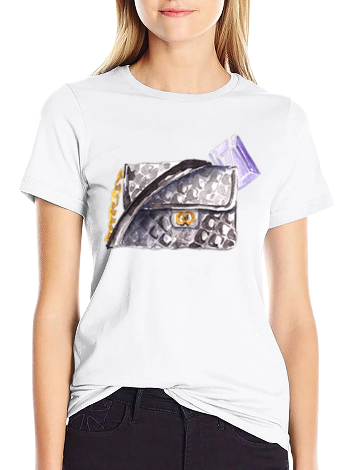 Black Stylish Black T-Shirt with Watercolor Handbag Print view 9