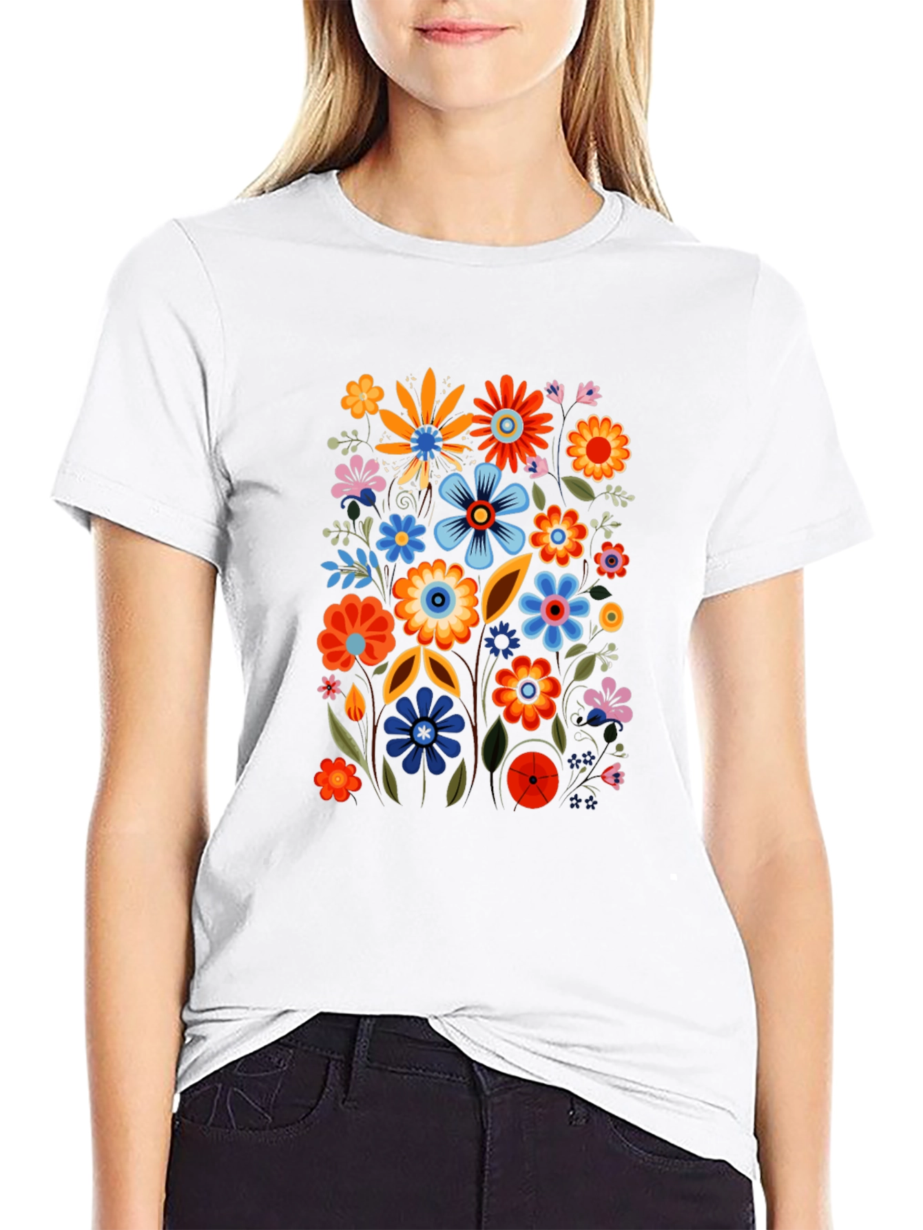 Black Floral Black Tee - Colorful Flower Power Shirt view 9