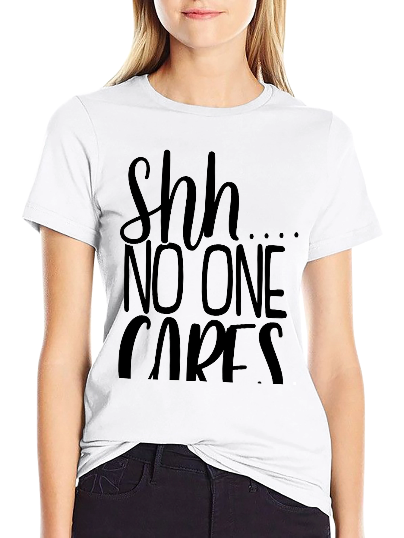 Black Shh No One Cares Graphic Tee view 9