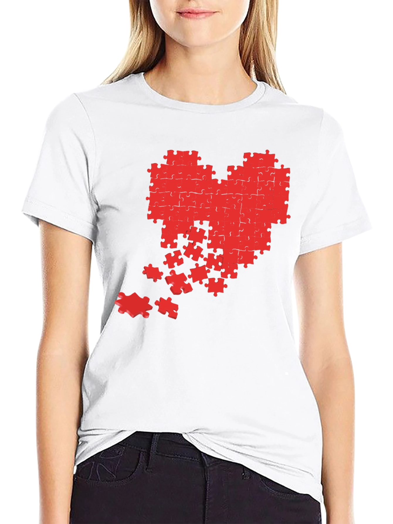 Black Puzzle Heart Graphic Tee - Black Cotton Casual Shirt view 9