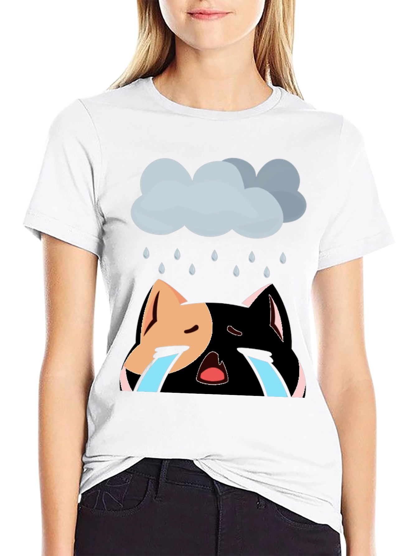 Black Sad Cat T-Shirt - Unisex Black Cotton Blend view 9