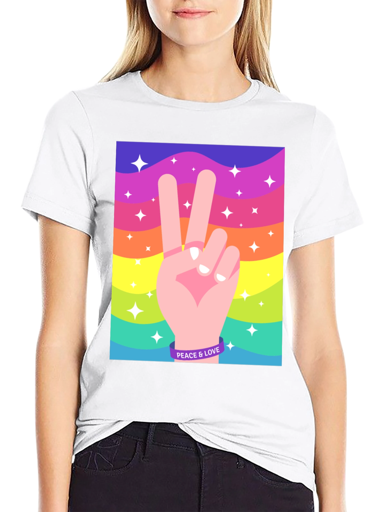 Peace and Love Graphic Tee - Retro Rainbow Design - 9
