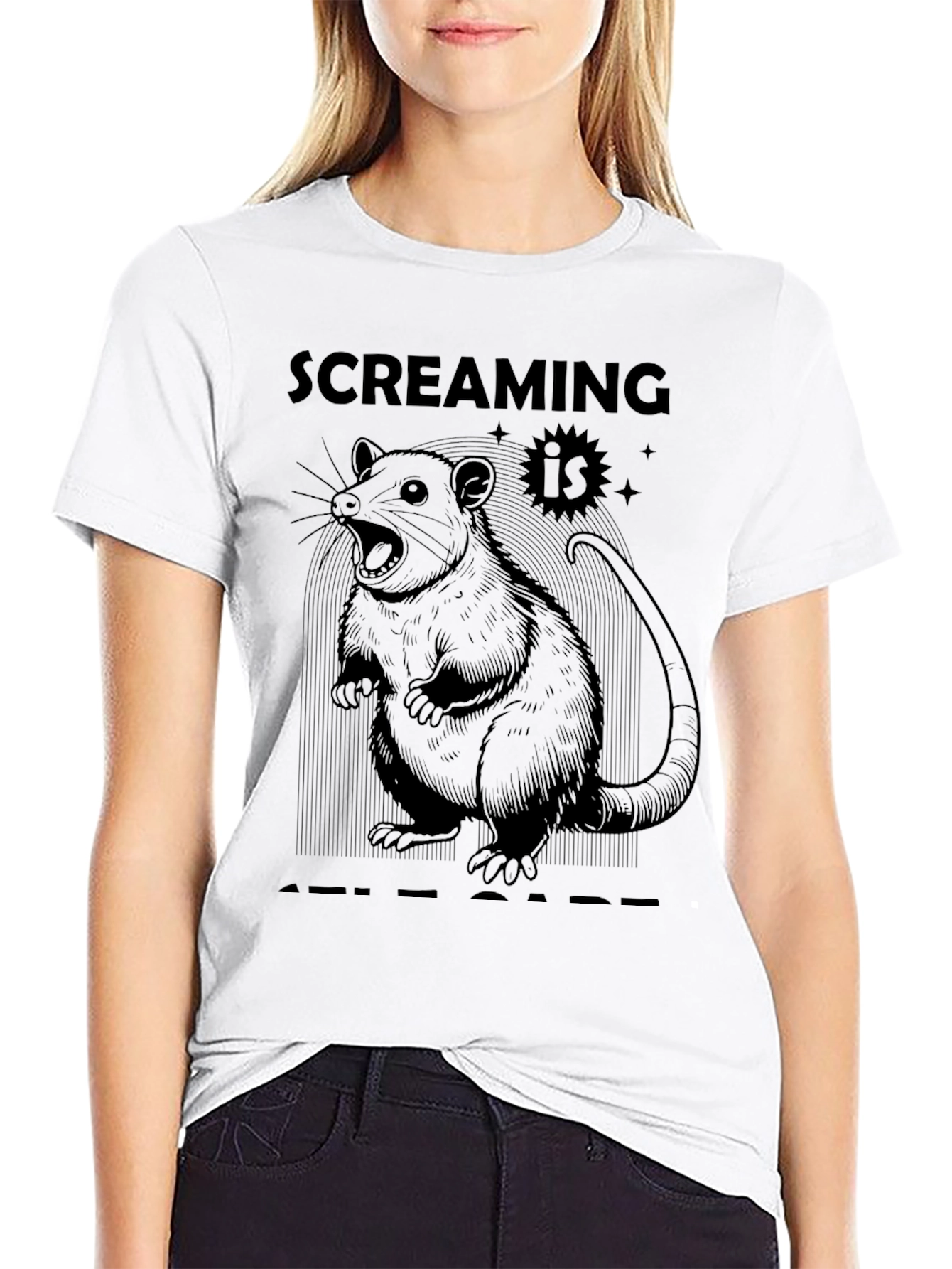 Black Screaming Is Self-Care Opossum Graphic Tee view 9