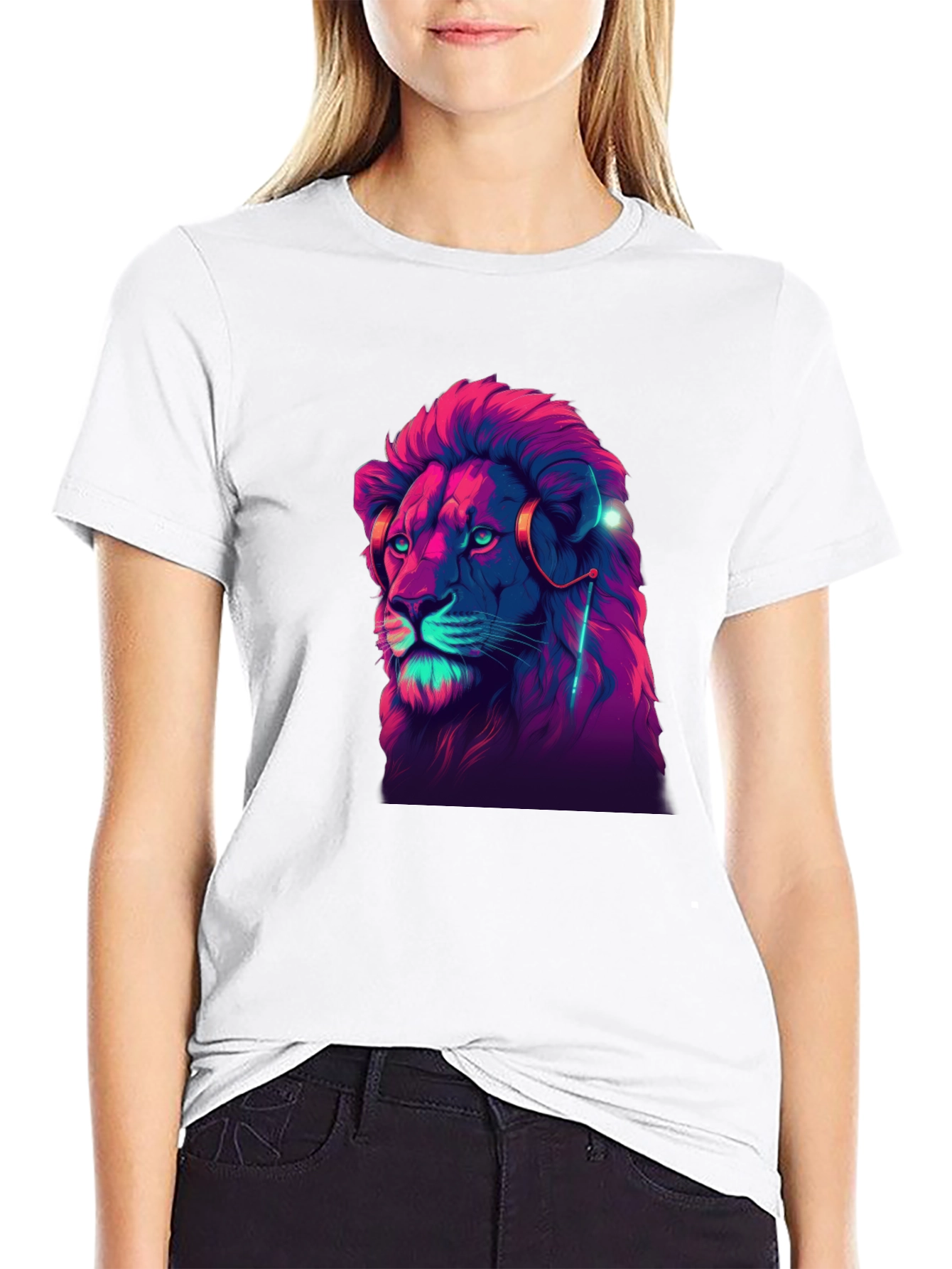 Black Neon Lion Graphic Black T-Shirt view 9
