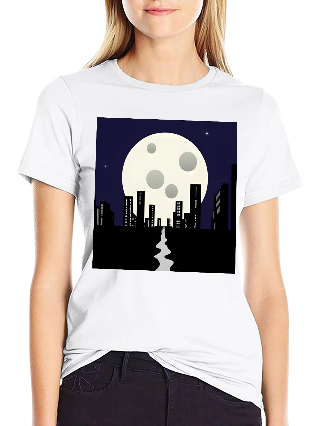 Black Night Cityscape T-Shirt: Moonlit Silhouette Tee view 9