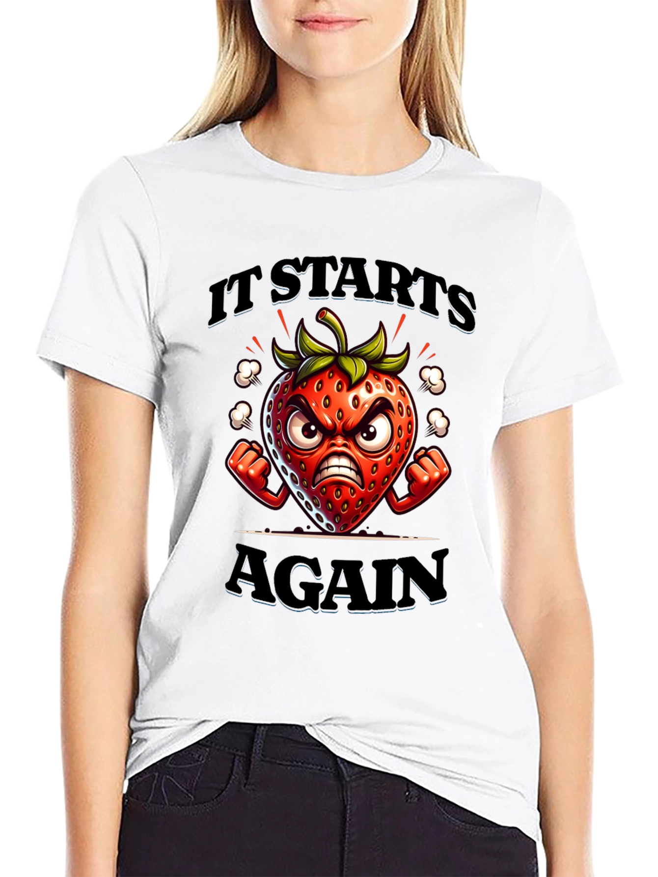 Black Angry Strawberry Cartoon Graphic T-Shirt view 9