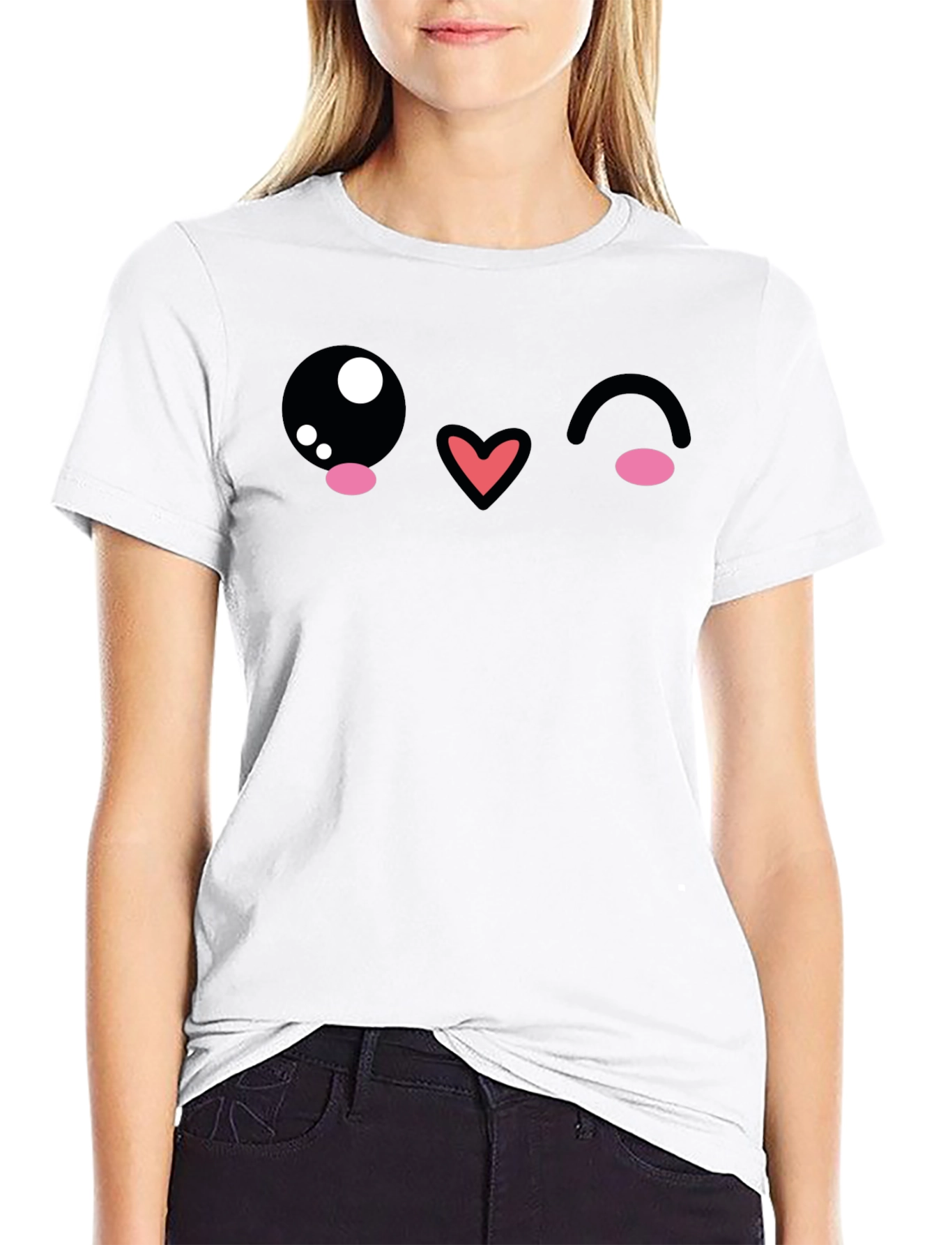 Black Kawaii Wink Face Graphic Tee - Black Cotton Blend view 9