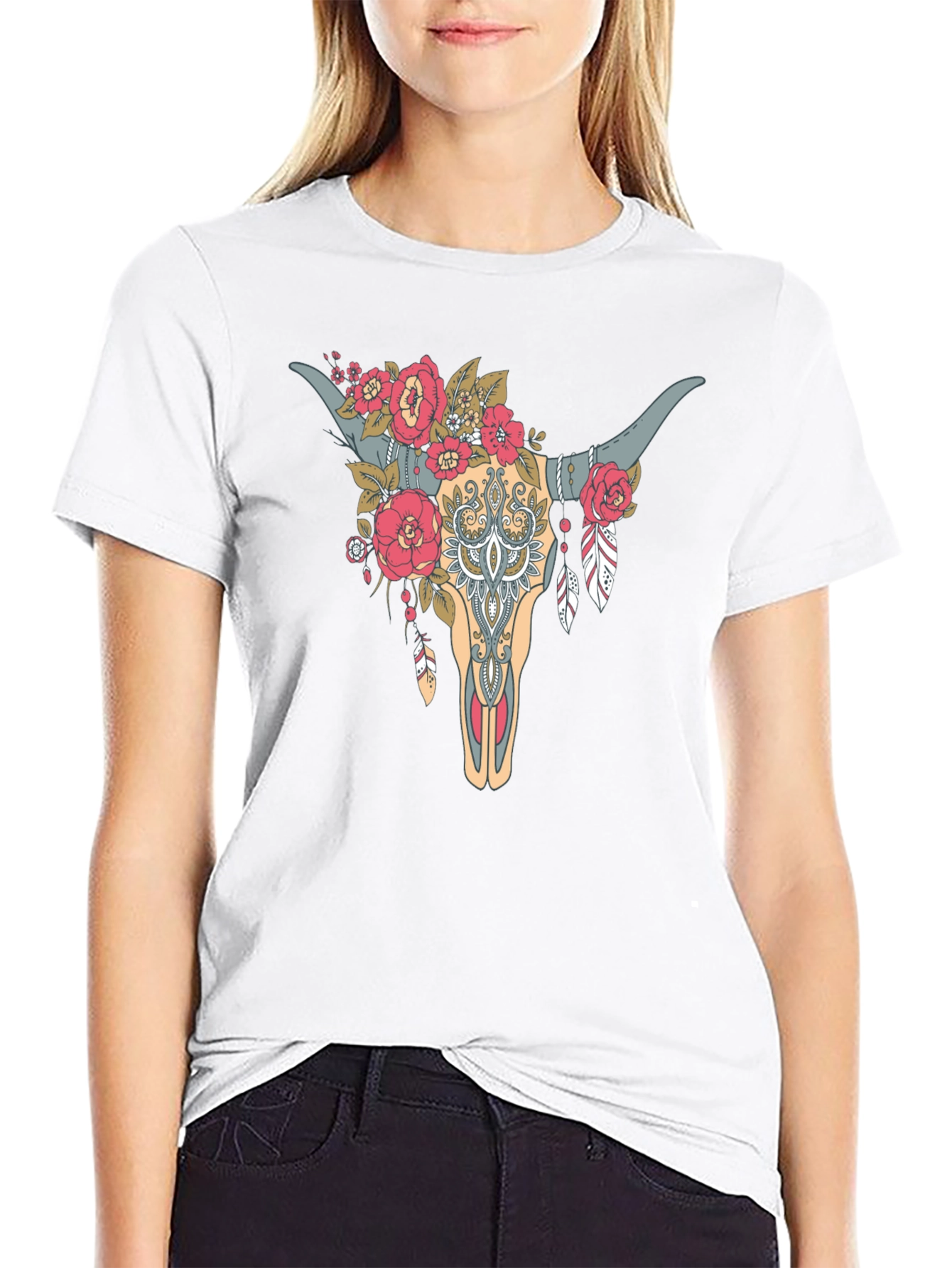 Black Floral Bull Skull Graphic Tee - Western Style view 9