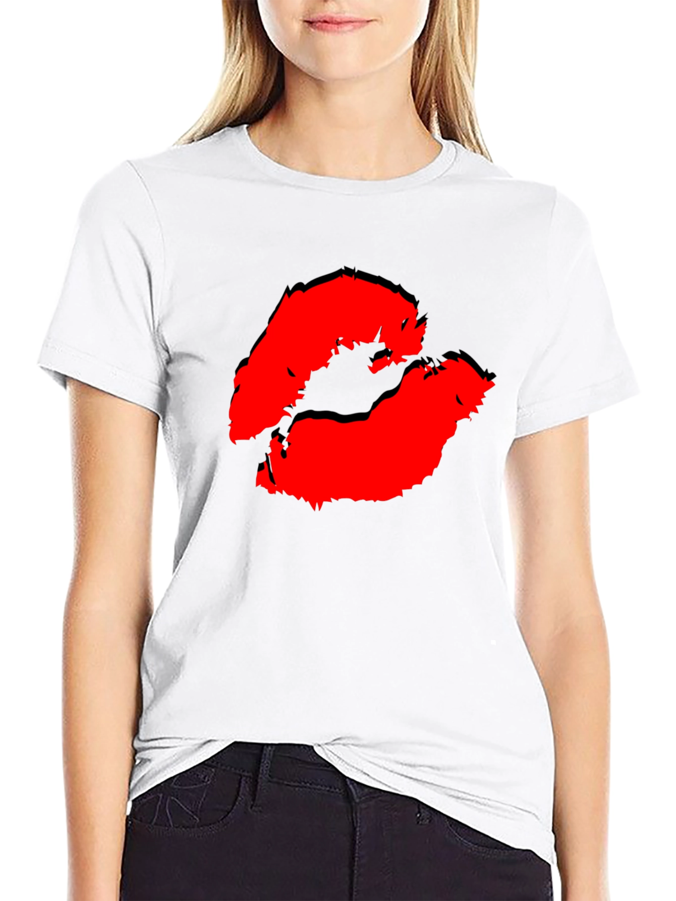 Black Red Lips Kiss Print Black Casual T-Shirt view 9