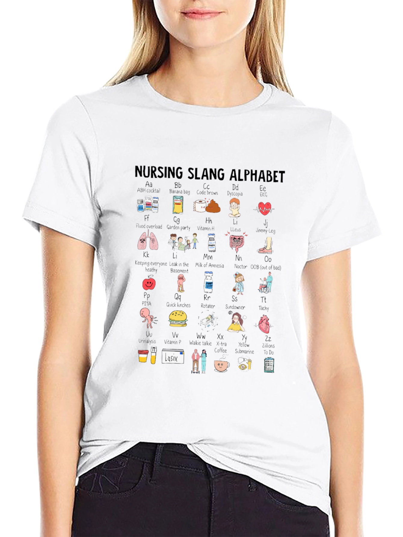 Black Nursing Slang Alphabet T-Shirt - Black Crew Neck view 9