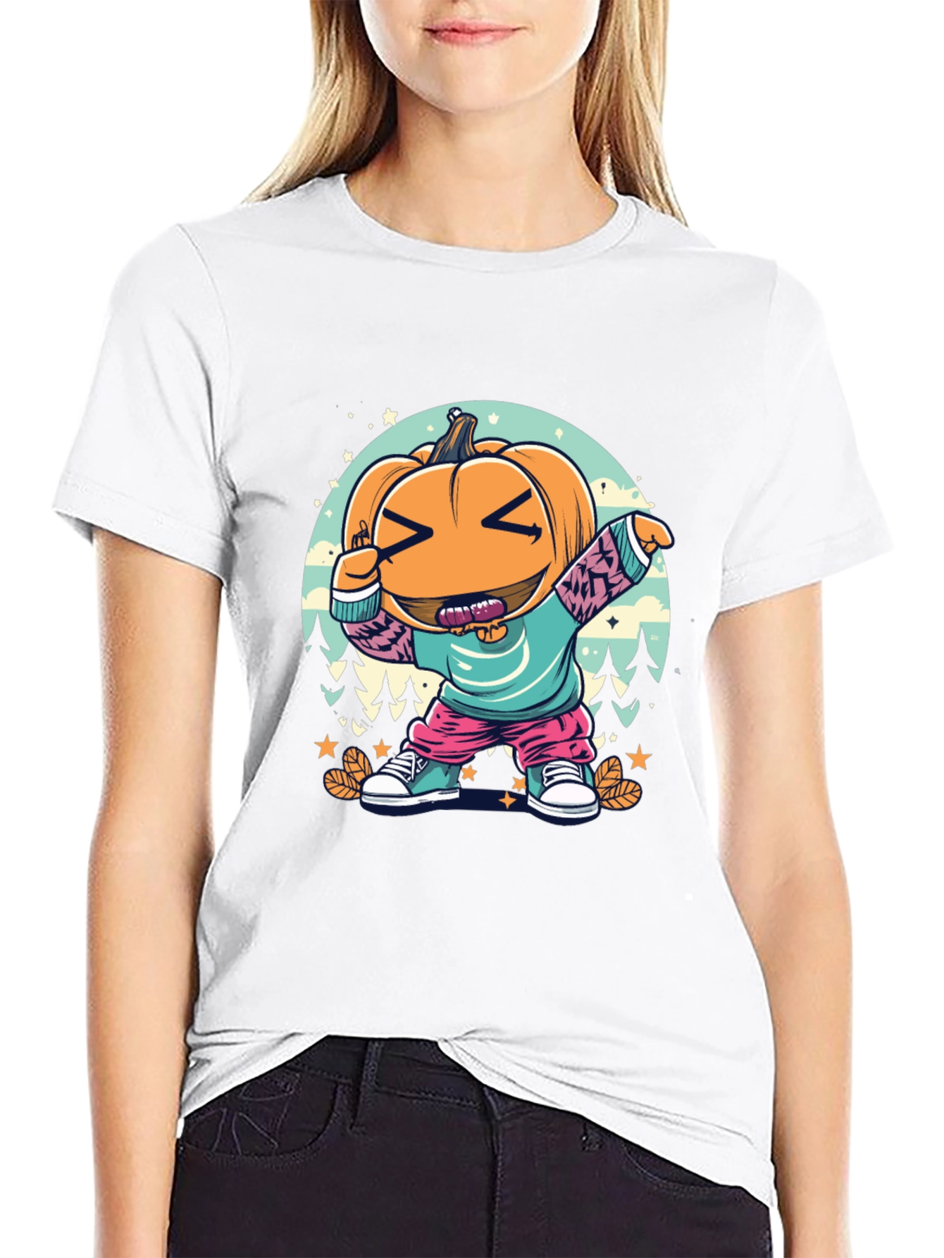 Black Dabbing Pumpkin Cartoon T-Shirt - Halloween Style view 9