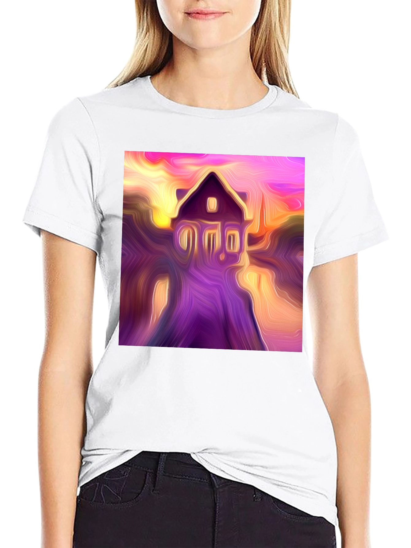 Black Abstract House Graphic Tee - Soft Black Cotton Shirt view 9