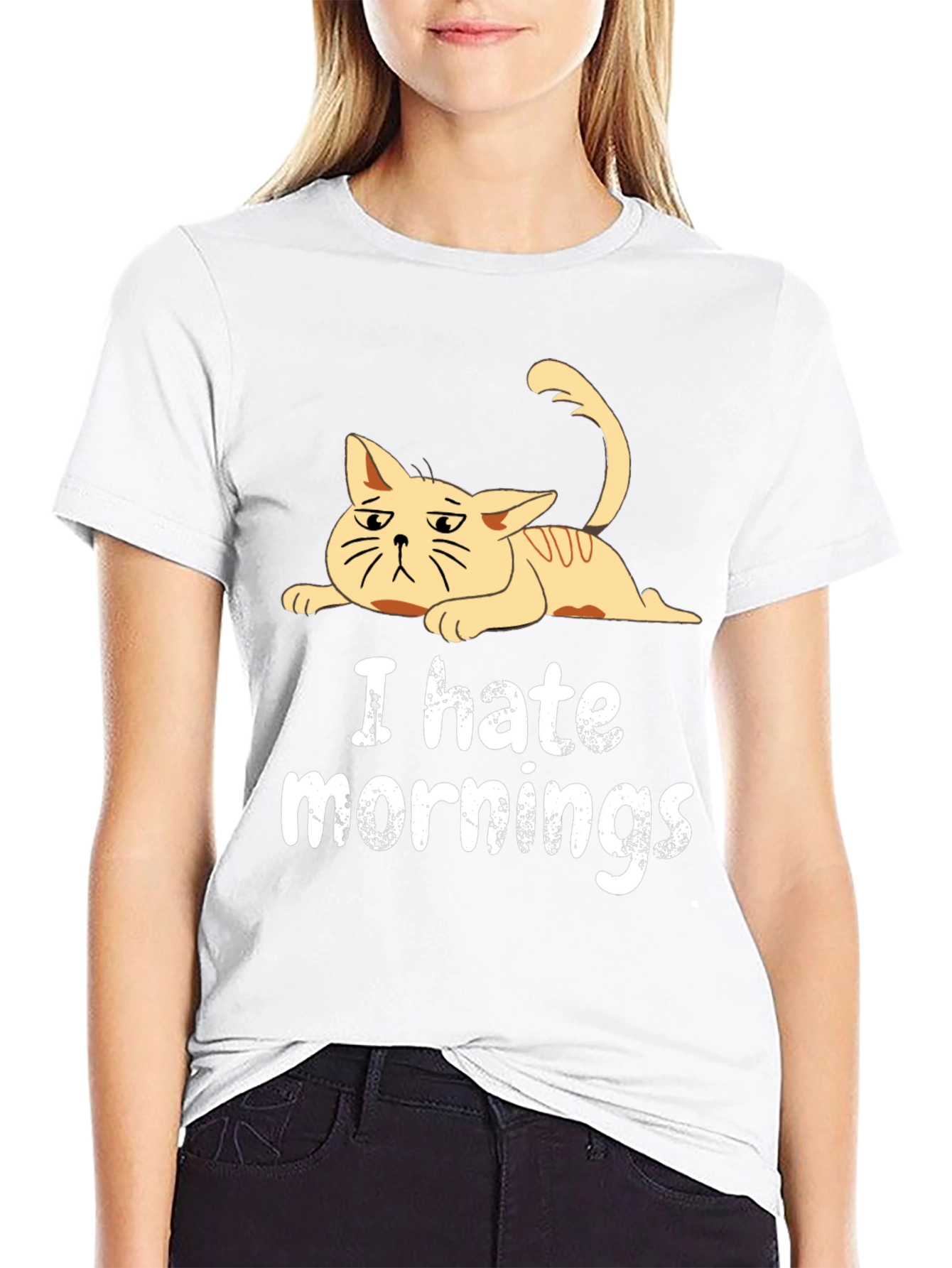 Black I Hate Mornings Cat T-Shirt - Black Cotton Tee view 9