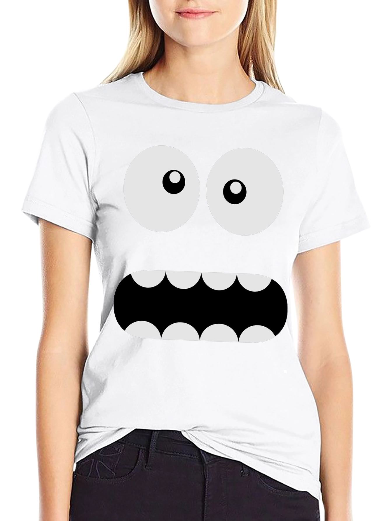 Black Funny Monster Face Graphic Tee - Black Crew Neck T-Shirt view 9