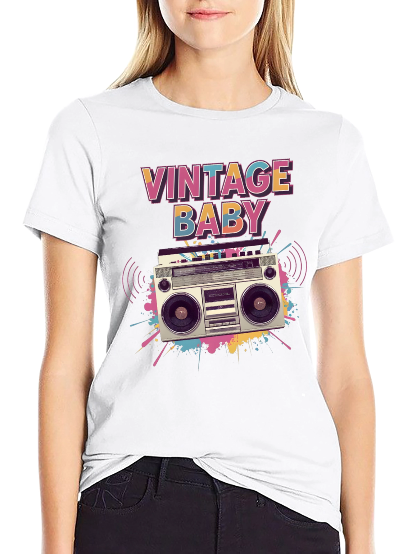 Black Vintage Baby Graphic Tee - Retro Boombox Design view 9