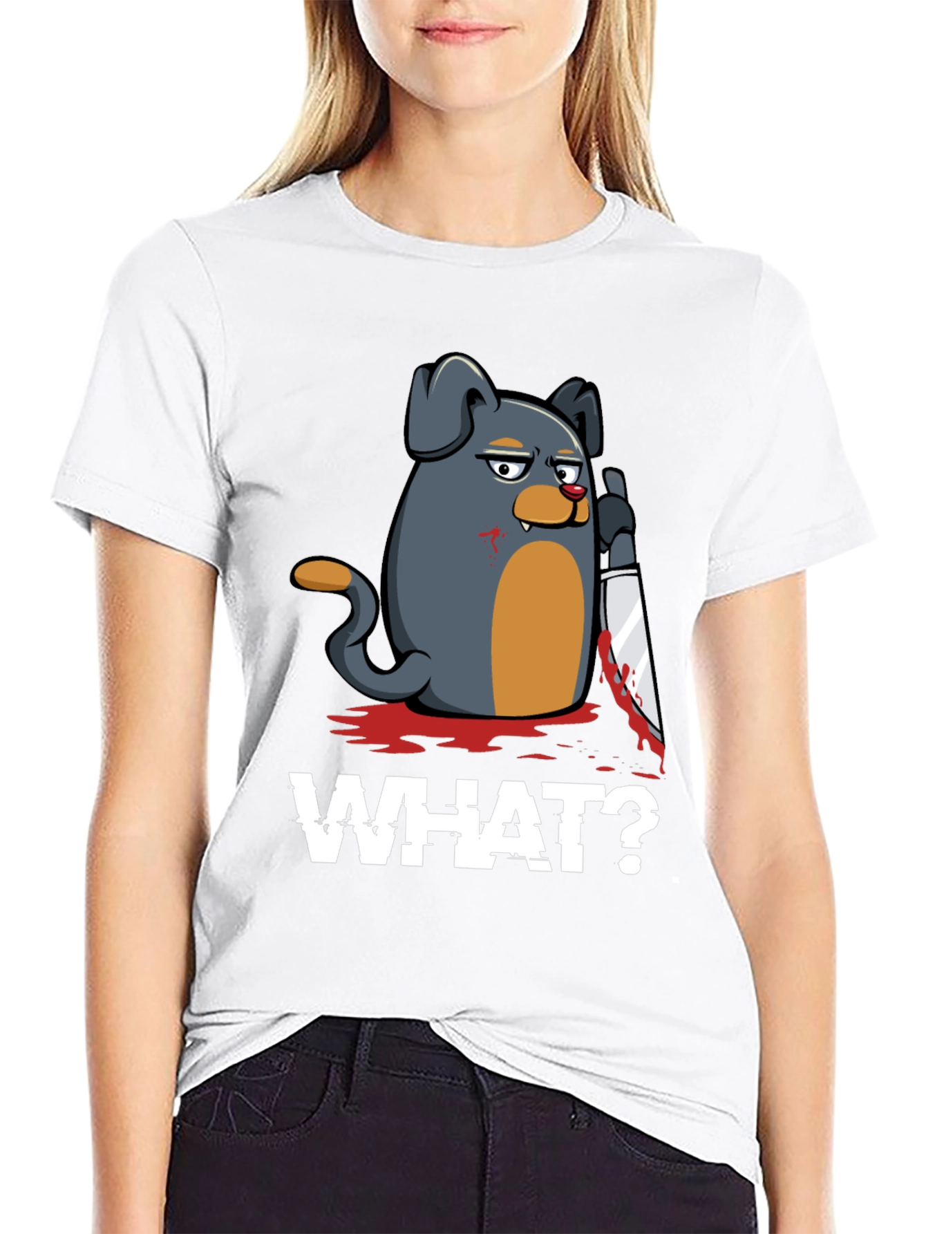 Black Men's 'What?' Dog with Knife Graphic T-Shirt view 9