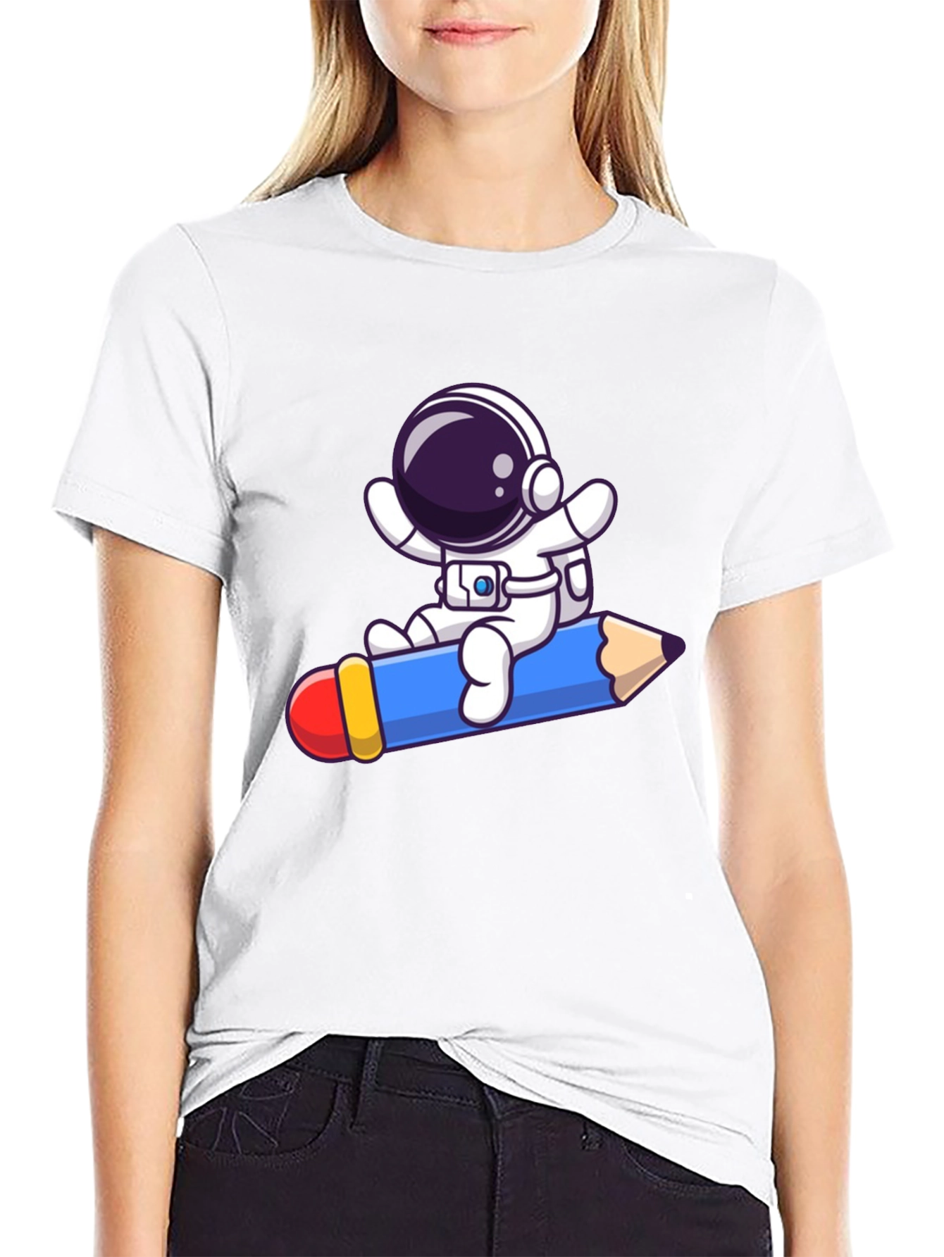 Black Astronaut Pencil Ride T-Shirt - Black Cotton Graphic Tee view 9