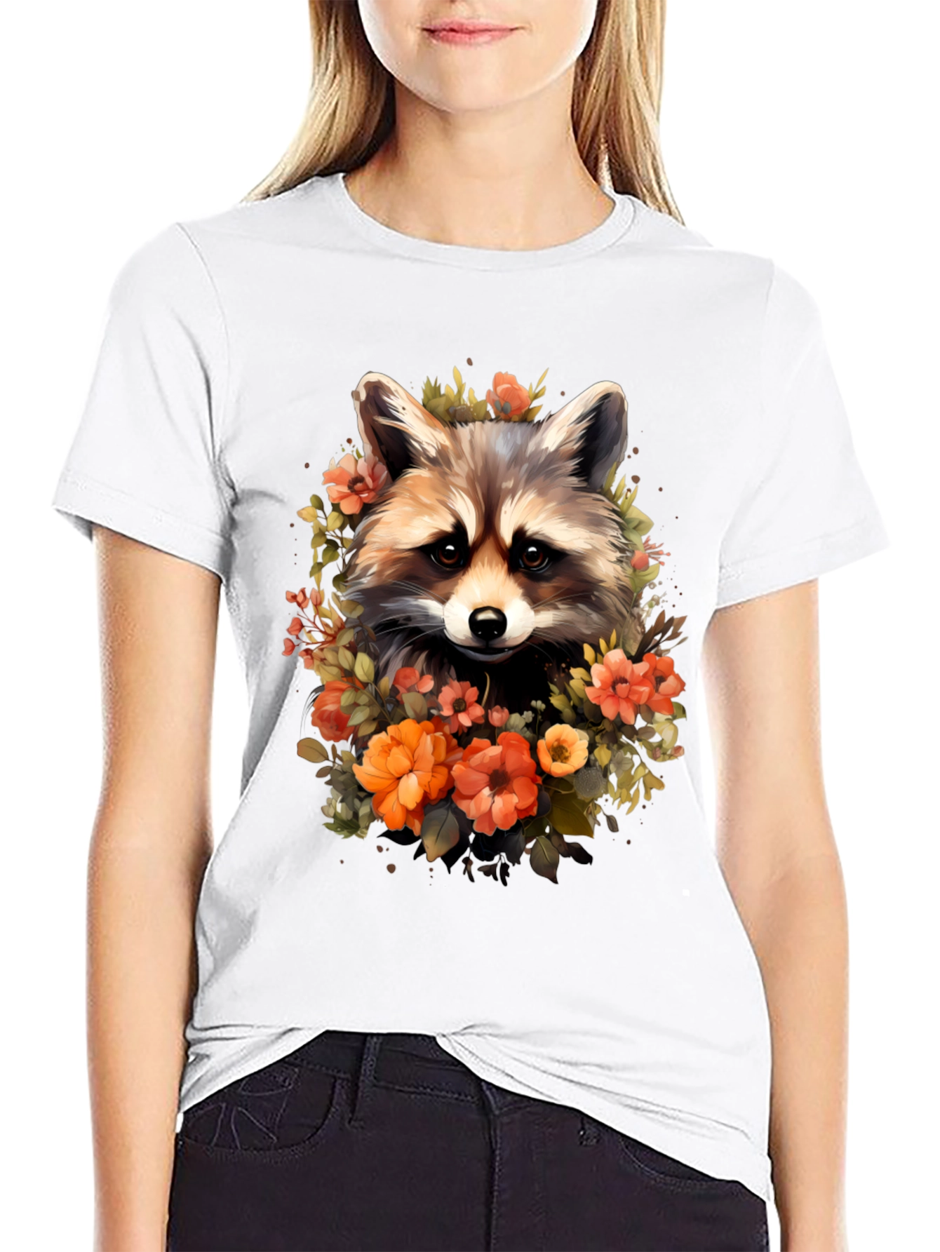 Black Raccoon & Floral Graphic Tee - Soft Black T-Shirt view 9