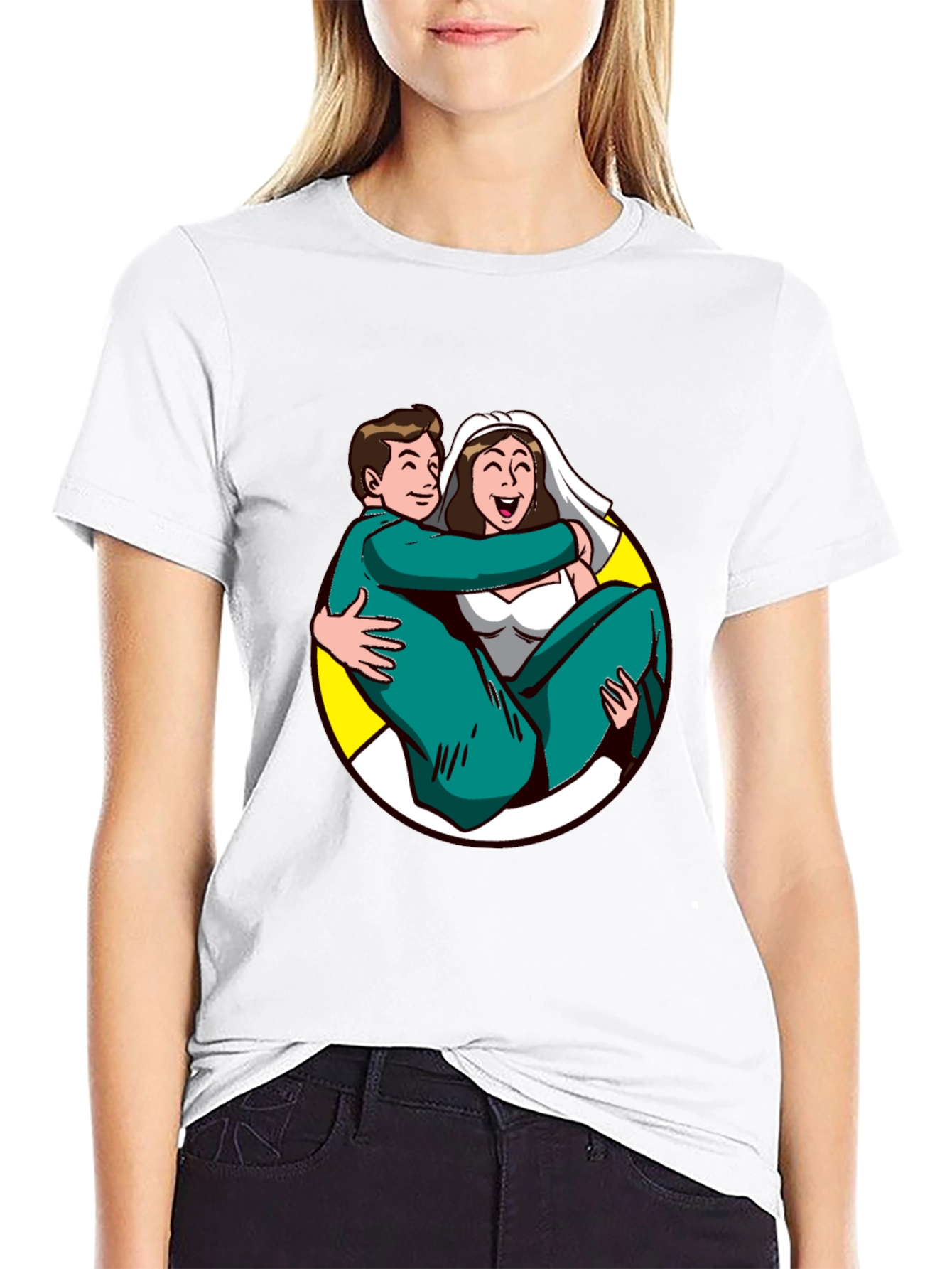 Black Cartoon Bride and Groom Black T-Shirt view 9