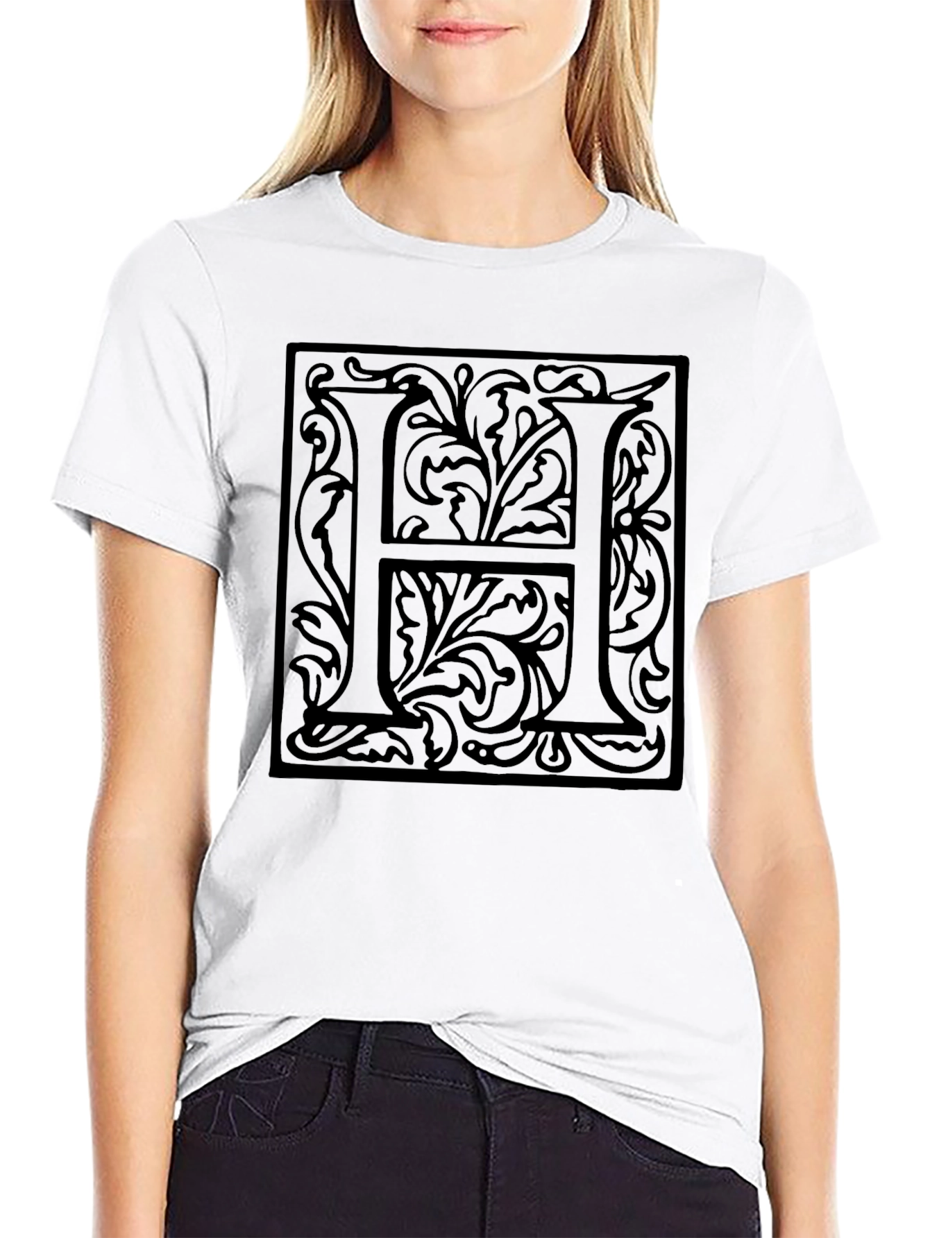 Black Elegant "H" Initial Black Graphic T-Shirt view 9