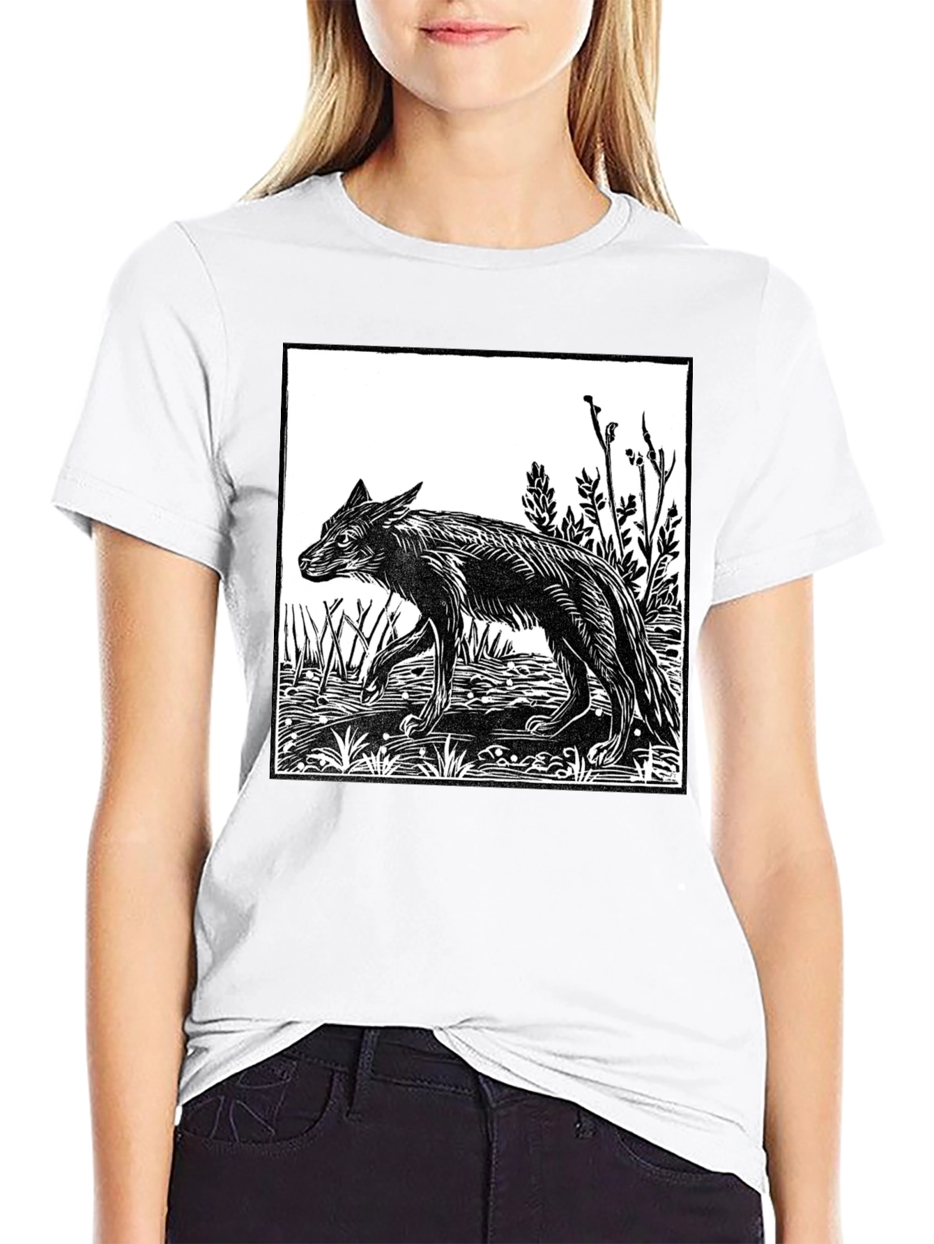 Black Woodcut Wolf Graphic T-Shirt - Black view 9