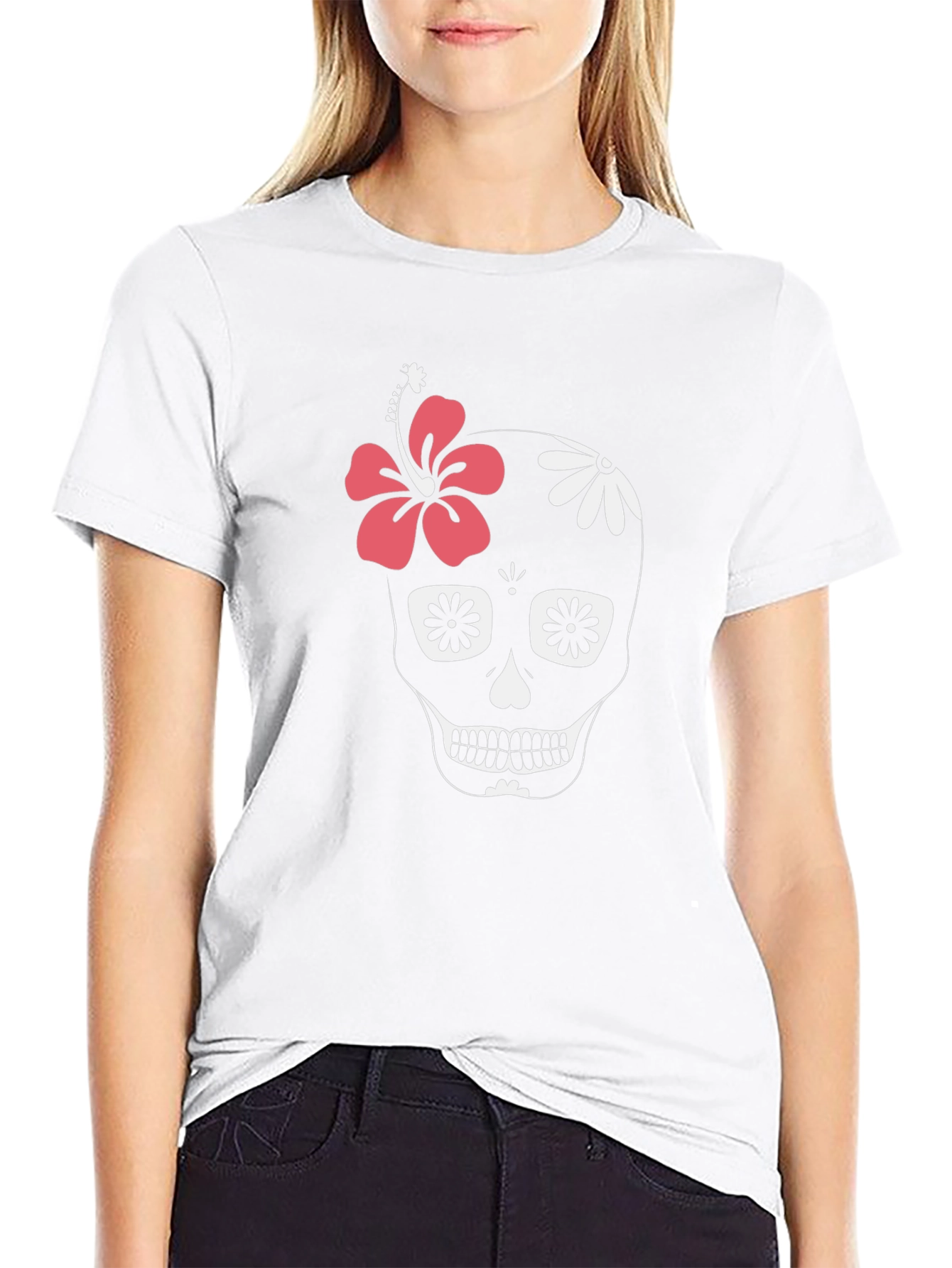 Black Floral Skull Graphic Tee - Black Cotton Casual T-Shirt view 9