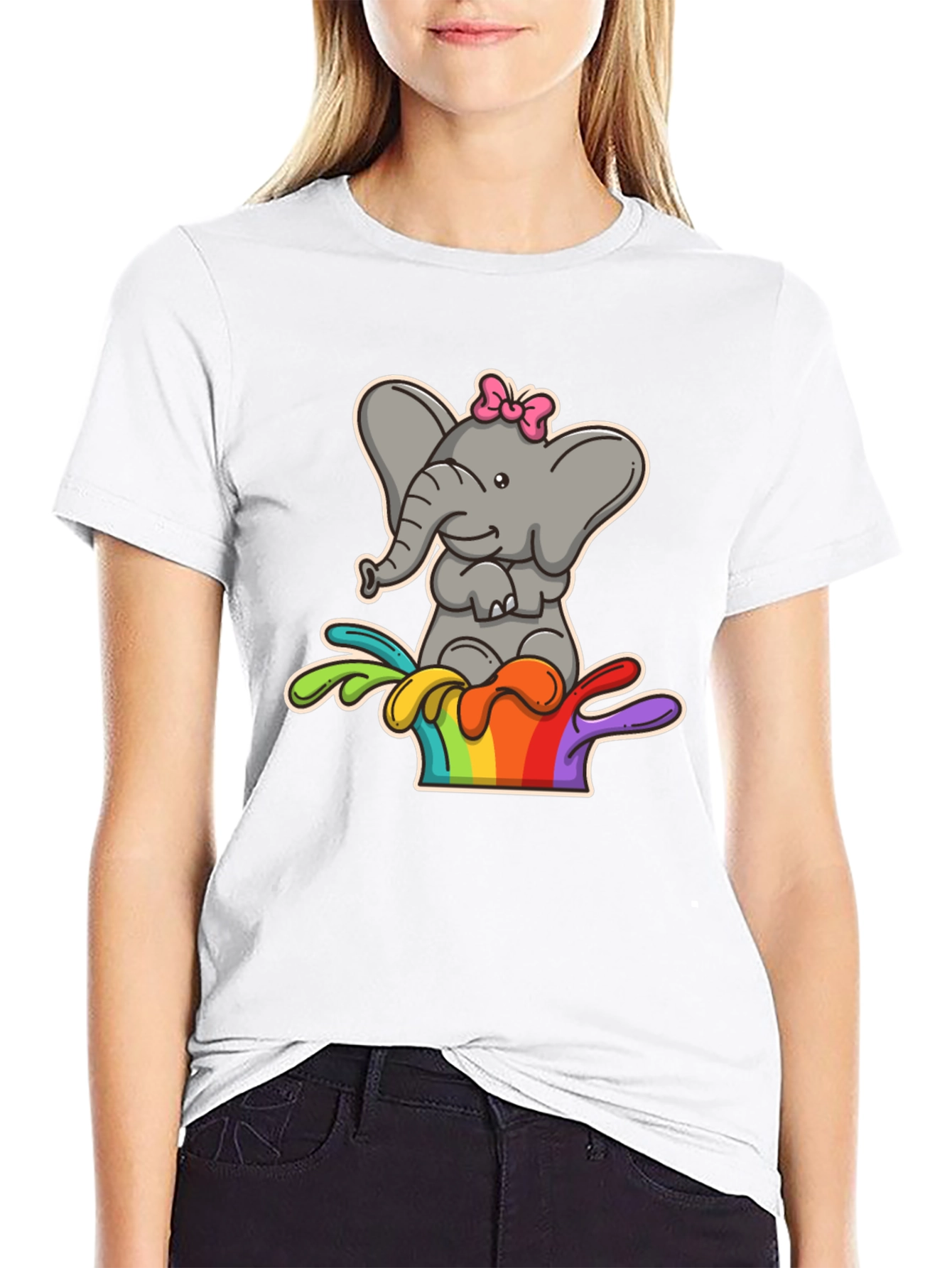Black Elephant Rainbow Splash Tee - Cute Cartoon Graphic Shirt view 9