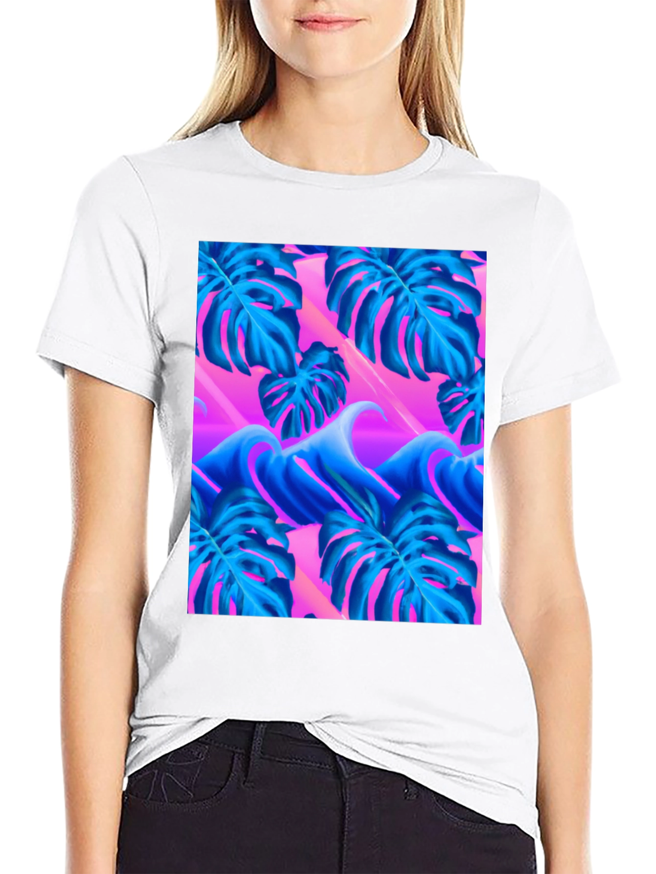 Black Vaporwave Monstera Leaf T-Shirt view 9