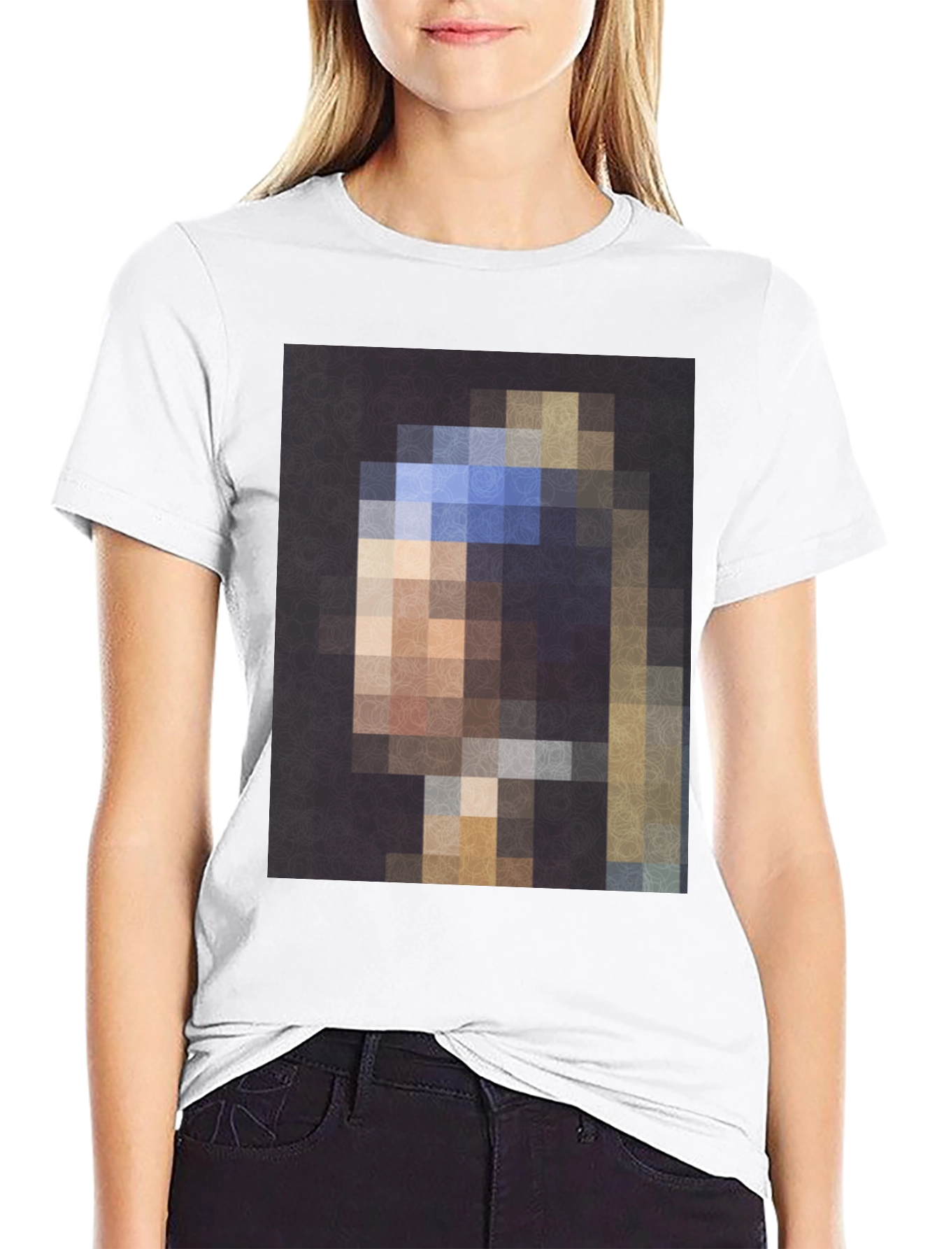 Black Pixelated Girl with a Pearl Earring T-Shirt view 9